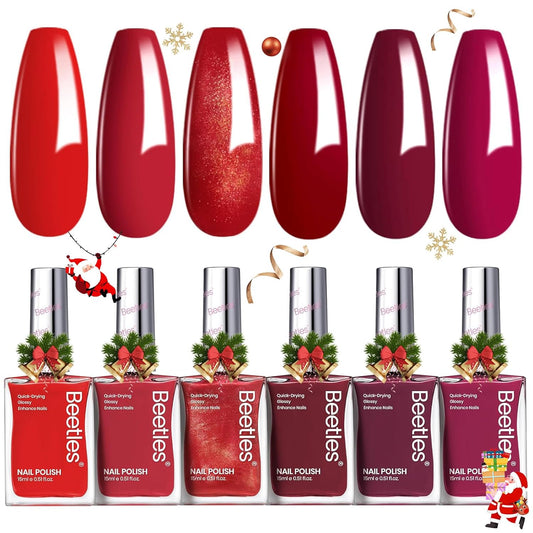Beetles Red Nail Polish Set Blazing Rose, 6 Colors Dark Red Burgundy Nail Polish Glossy 15ml Enhance Nails Quick Dry Fingernail Polish for Nail Art Manicure 4th of July DIY at Home Gifts For Women