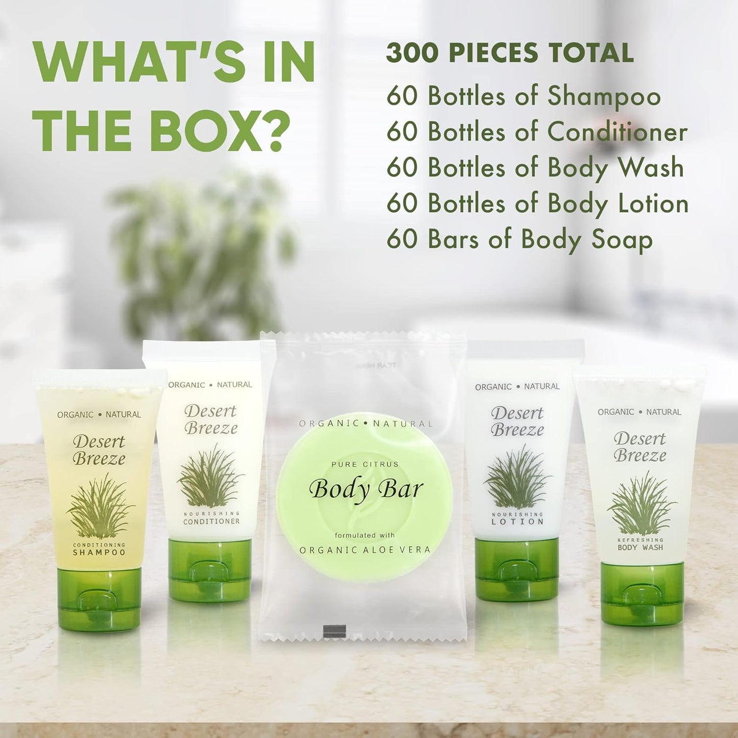 Desert Breeze Hotel Soaps and Toiletries Bulk Set | 1oz Hotel Shampoo & Conditioner, Body Wash, Body Lotion & Bar Soap | Travel Size Toiletries 300 Pieces