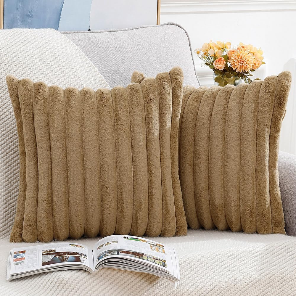 MADIZZ Set of 2 Faux Wool Plush Decorative Throw Pillow Covers 20x20 Inch Camel Fluffy Striped Soft Decorative Cushion Cover for Sofa Bedroom Pillow Shell
