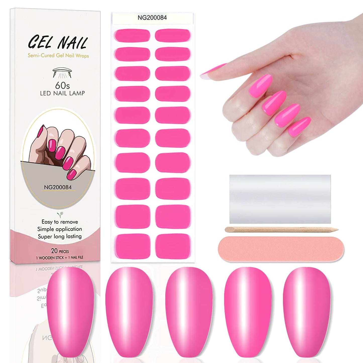 WOKOTO 20 Pcs Hotpink Semi Cured Gel Nail Strips With Nail File & Wooden Stick Nail Polish Strips Gel Nail Stickers Full Nail Wraps For Women Girls Stick On Real Nail Polish Stickers For Nails