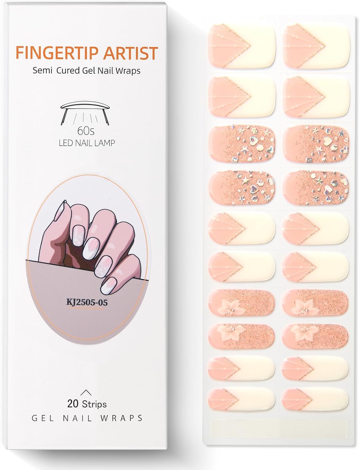 Semi Cured Gel Nail Strips French Tip Gel Nail Strips Whhite Flower Stickers Glitter Wraps Need UV/LED Light Salon Quality & Easy to Use for Women 20 Pcs