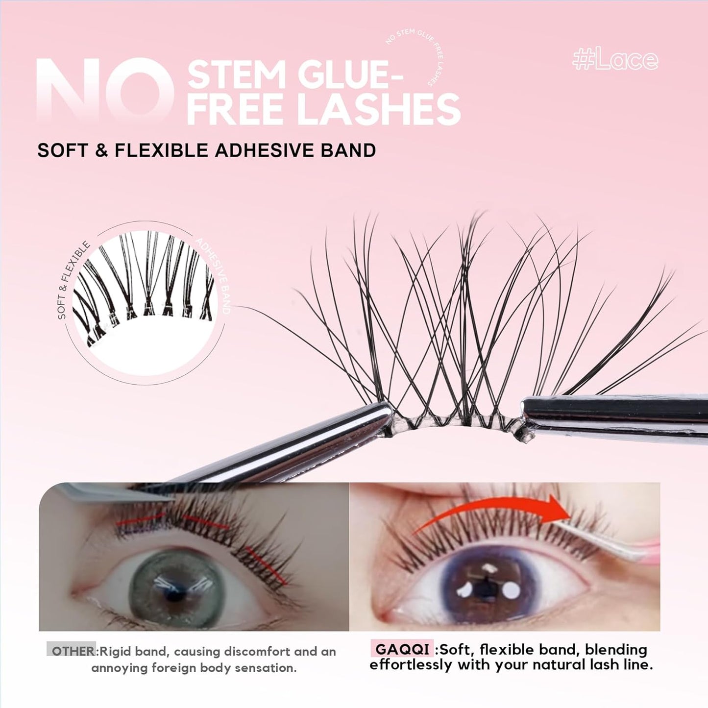 GAQQI Self Adhesive Eyelash Clusters, Natural Look No Glue Lashes 10-16mm, No Band Self Adhesive Lash Clusters 100pcs, Press On Lashes Invisible Band, With Lash Tweezer (LACE)