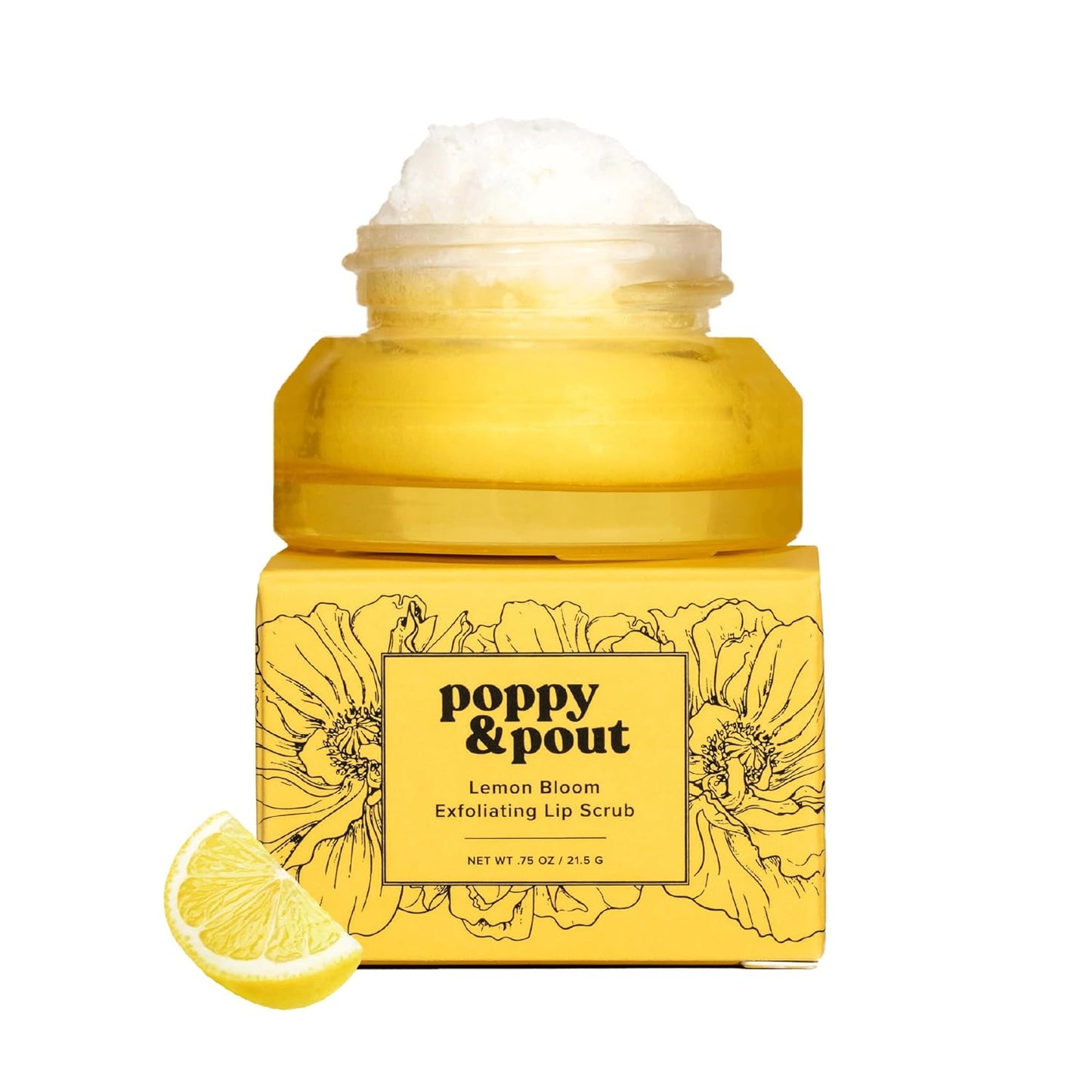 Poppy & Pout Natural Lip Scrub, Moisturizing Sugar Scrub for Dry Lips, Lip Scrubber Exfoliator with Essential Oils Smooths and Hydrates Lips, In Recyclable Glass Jars, Cruelty Free - Lemon Bloom