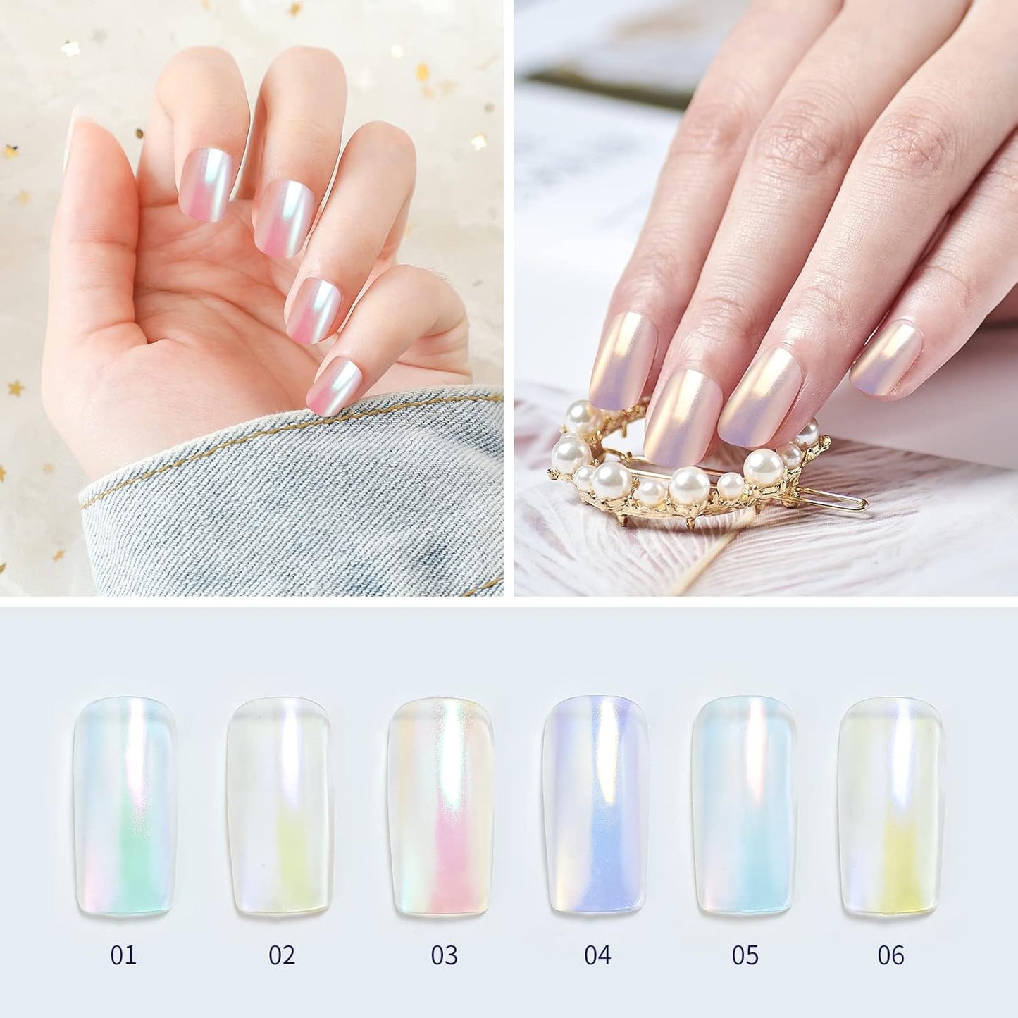 Artdone 6pcs Chrome Nail Powder White Pearl Unicorn Mermaid Aurora Nail Powder,Iridescent Chameleon Effect Nail Color Metallic Mirror Chrome Powder Kit for Nail Art Gel Polish kit