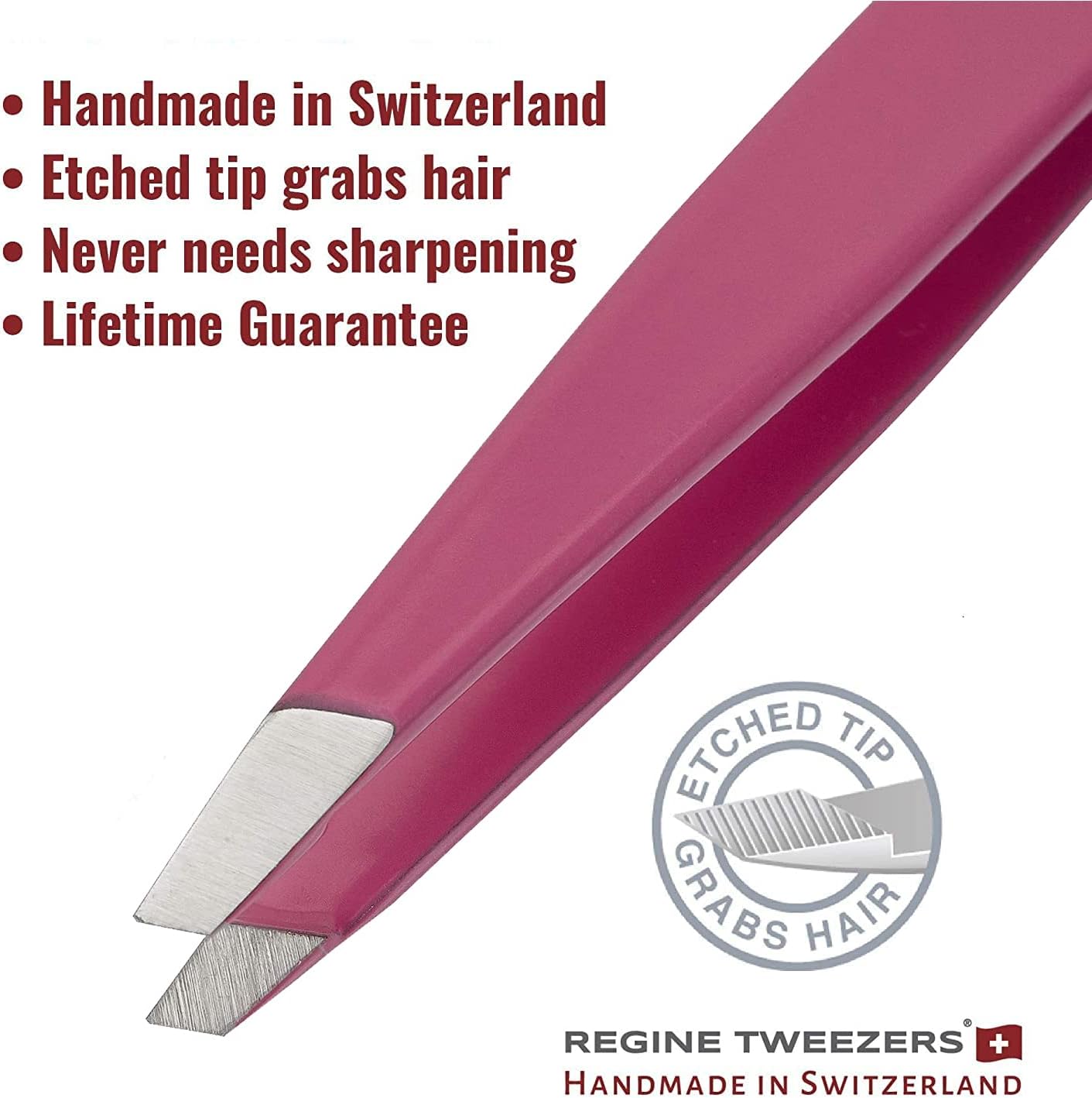 Slant Tweezer - Handmade in Switzerland - Professional Eyebrow & Facial Hair Remover - Etched Interior Grabs Hair from The Root - Perfectly Aligned Tips - Stainless Steel, Pink