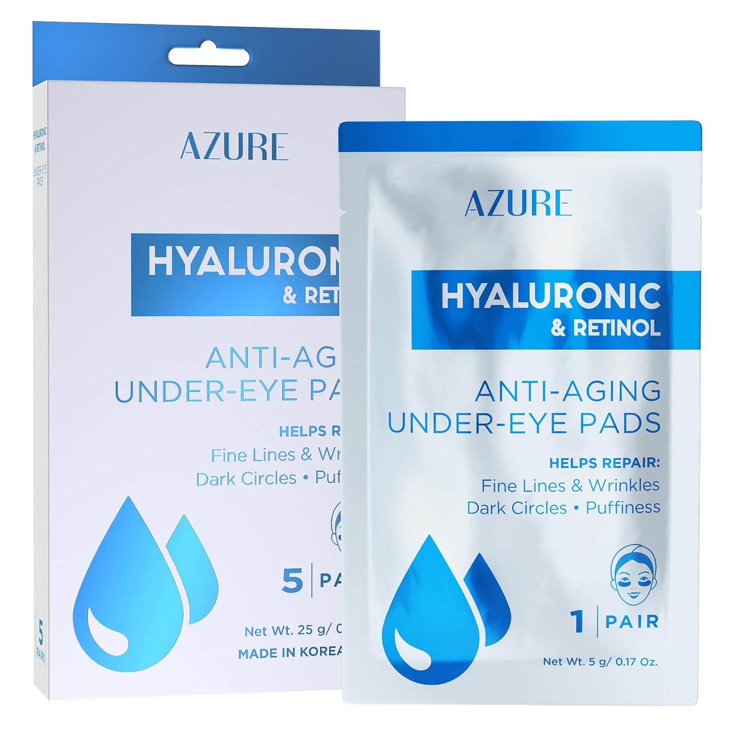 AZURE Hyaluronic & Retinol Anti Aging Under Eye Pads- Moisturizing & Rejuvenating Eye Mask Patches - Reduces Fine Lines, Wrinkles, Dark Circles & Puffiness - Skin Care Made in Korea - 5 Pairs