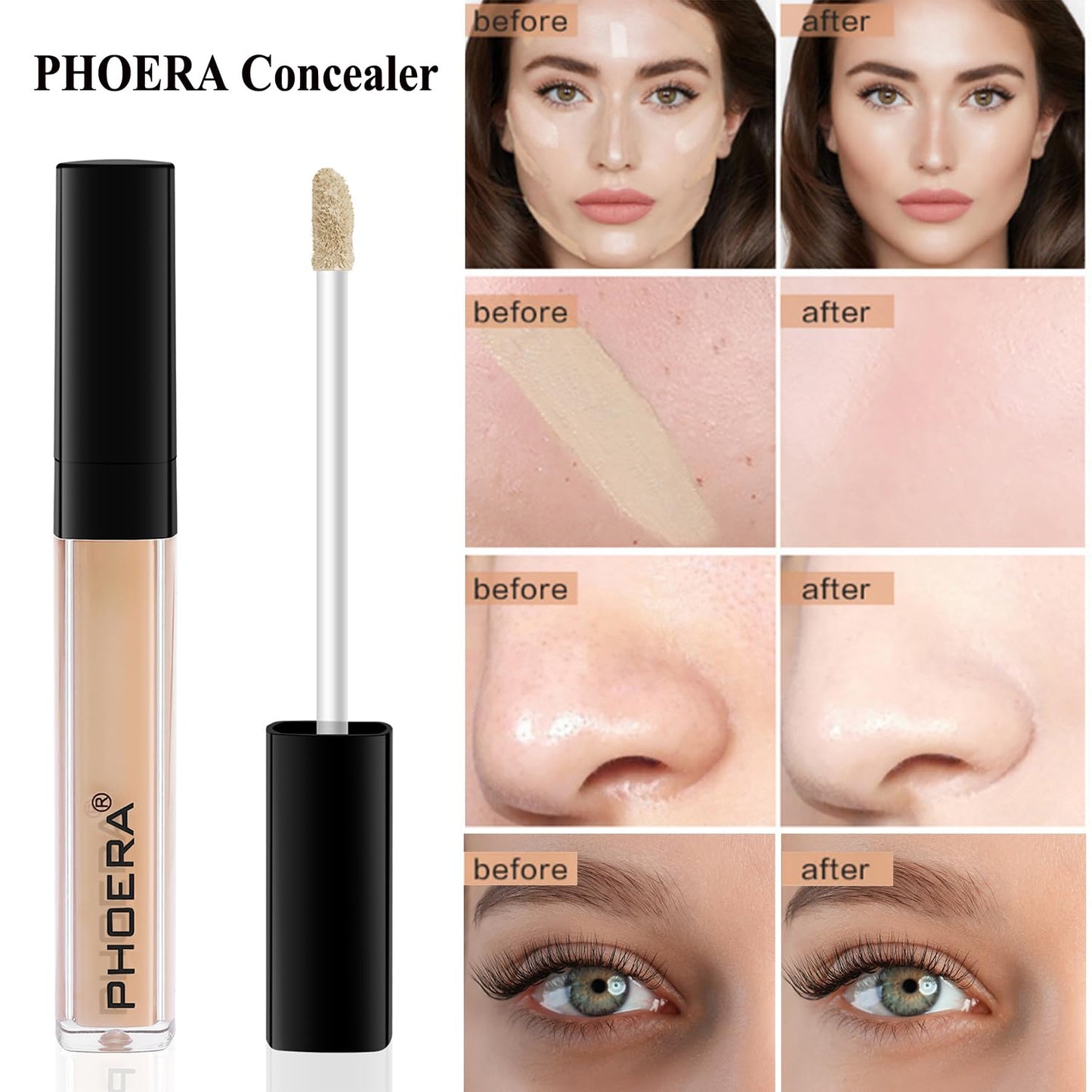 PHOERA Foundation Full Coverage,PHOERA Concealer Lightweight Full Coverage,PHOERA Makeup Long Lasting Wrinkles Matte Natural Finish for a Flawless Complexion(101 Porcelain+101#LIGHT)