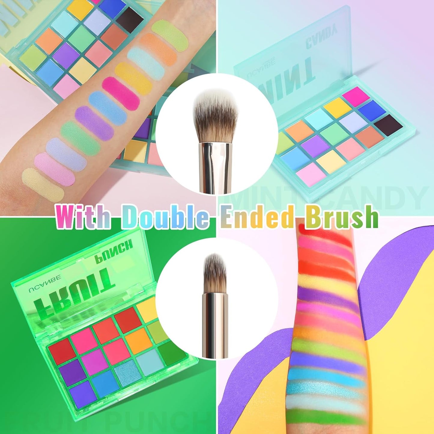 UCANBE Colorful Eyeshadow Palette Makeup Set, 2pcs 15 Shades Matte Shimmer Vibrant Neon Rainbow Pastel Eye Shadow Pallet with Soft Double Ended Brush, Summer Vibe Pigmented Blendable Eye Make Up Kit