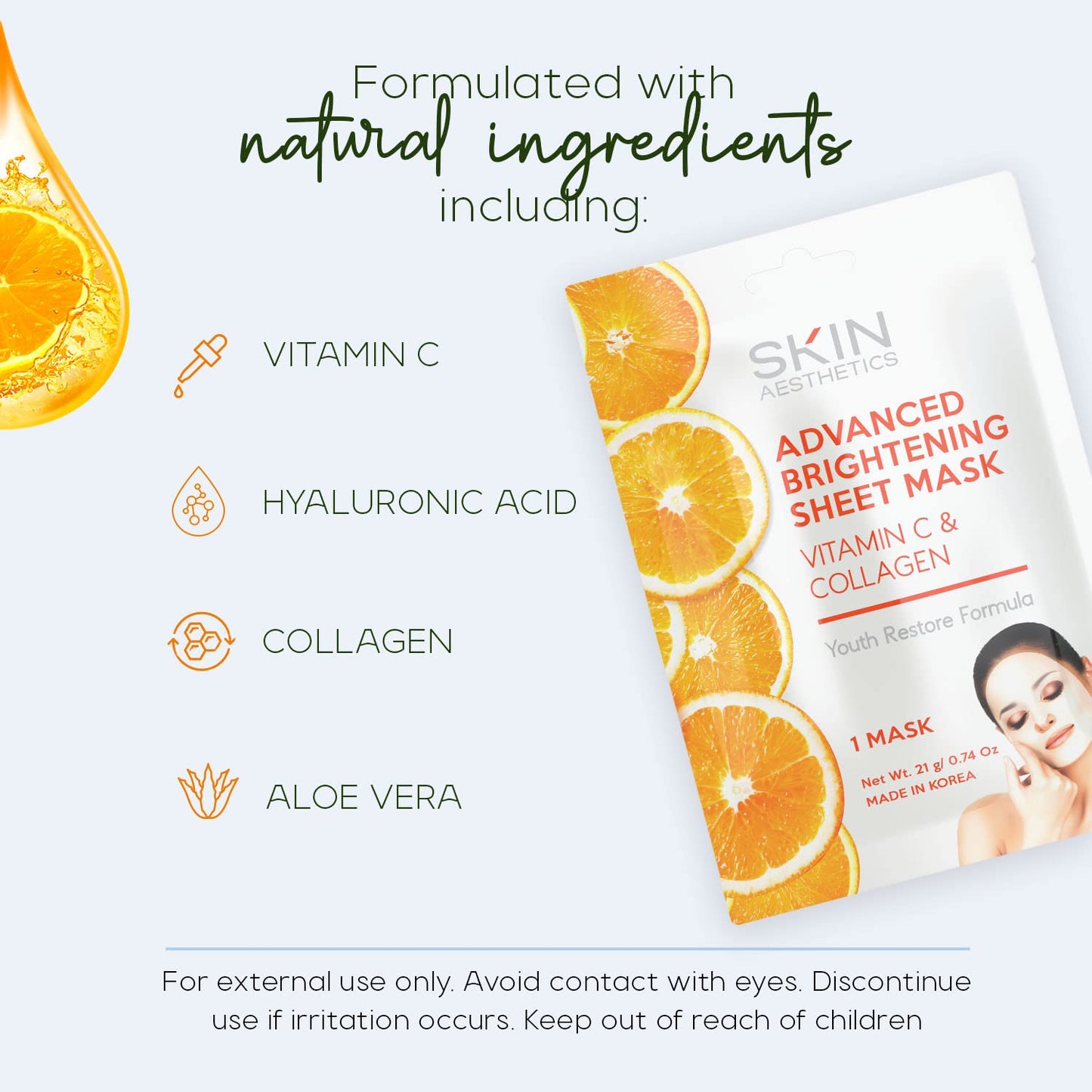 Vitamin C & Collagen Sheet Face Mask - Reduces Wrinkles & Age Spots, Hydrating - Dermatologist Tested Korean Skincare - Clean Beauty, Cruelty-Free - 5 Masks