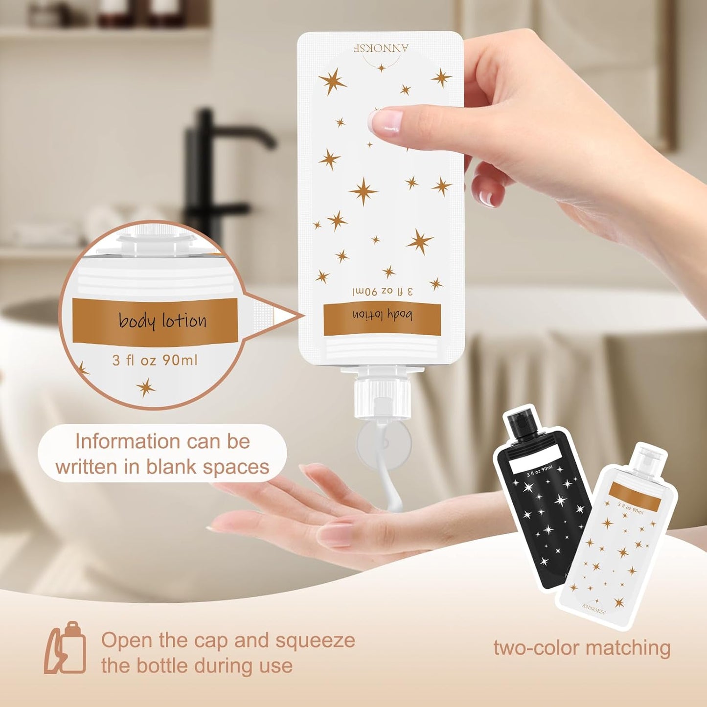 Travel Pouches for Toiletries 18 Pack - Leak-Resistant 3 oz Liquid Containers, TSA Approved Star Pattern Shower Gel & Cosmetic Bags (Black & White)