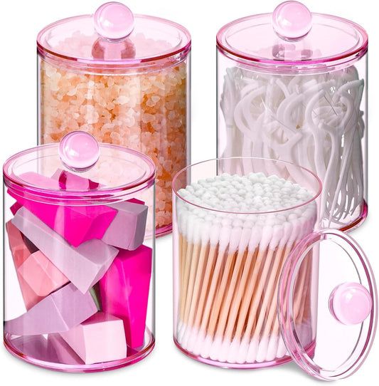 4 Pack Qtip Holder,Canister Apothecary Jar Set, Bathroom Jars with Lids Set for Cotton Swabs, Balls, Pads, Floss Picks,10oz-12oz Plastic Canisters Restroom Bedroom Vanity Organizer(Pink)