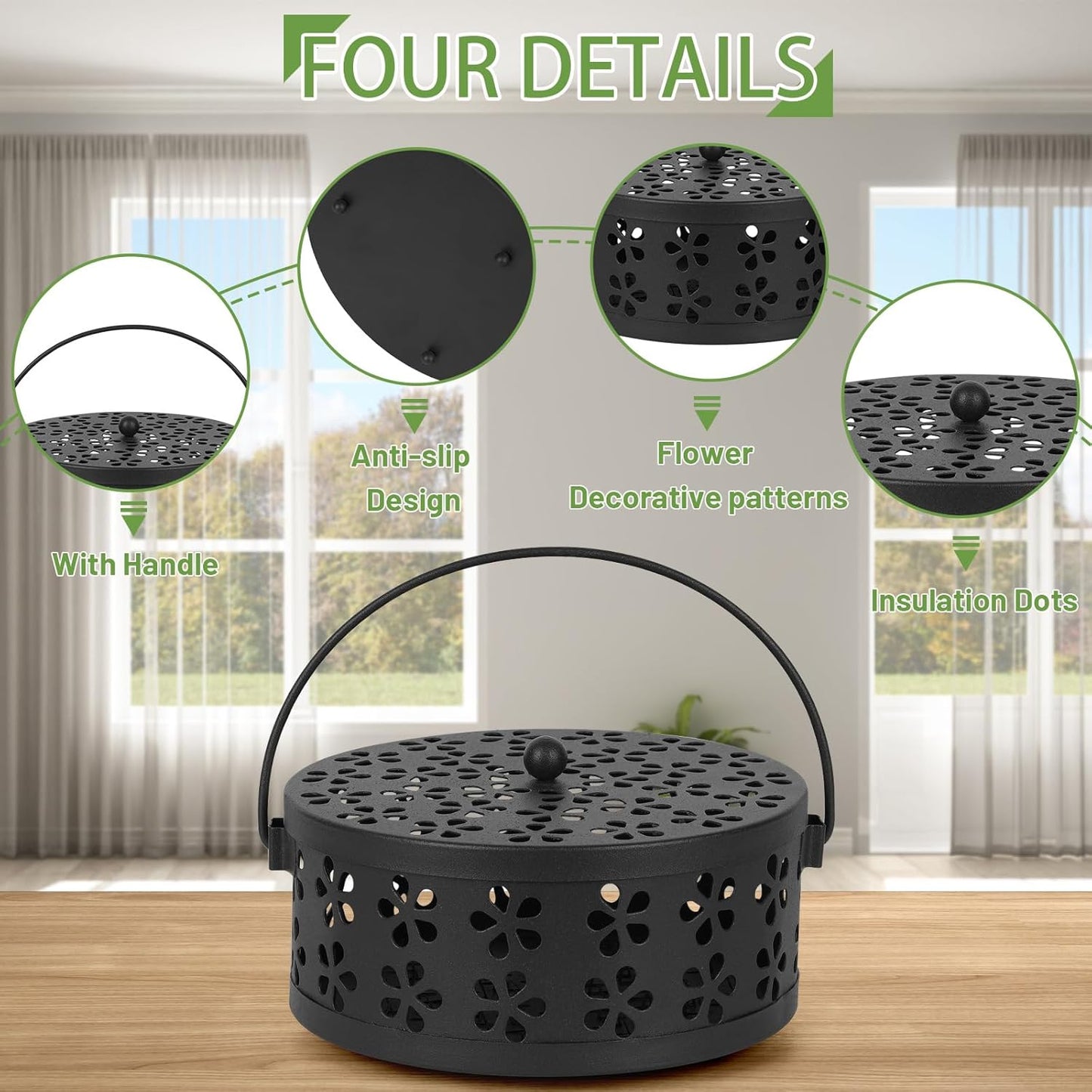 Portable Iron Mosquito Coil Holder with Handle Round Heat-Resistant Incense Holder (2 Pack Black)