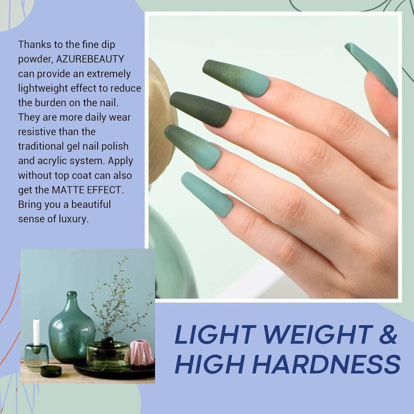AZUREBEAUTY Dip Powder Nail Set Blue Sage Green Grey Shades, 6 Dark Colors Dipping Powder Starter Kit French Nail Art Manicure DIY Salon for Women, No Need Nail Lamp Cured