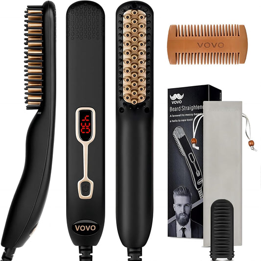 VOVO Beard Straightener Comb Upgrade Professional 2 in 1 Men's Beard Straightening Heated Hair Straightening Brush Portable Anti-Burn 6 Temperature Adjustable with LED Display for Home and Travel
