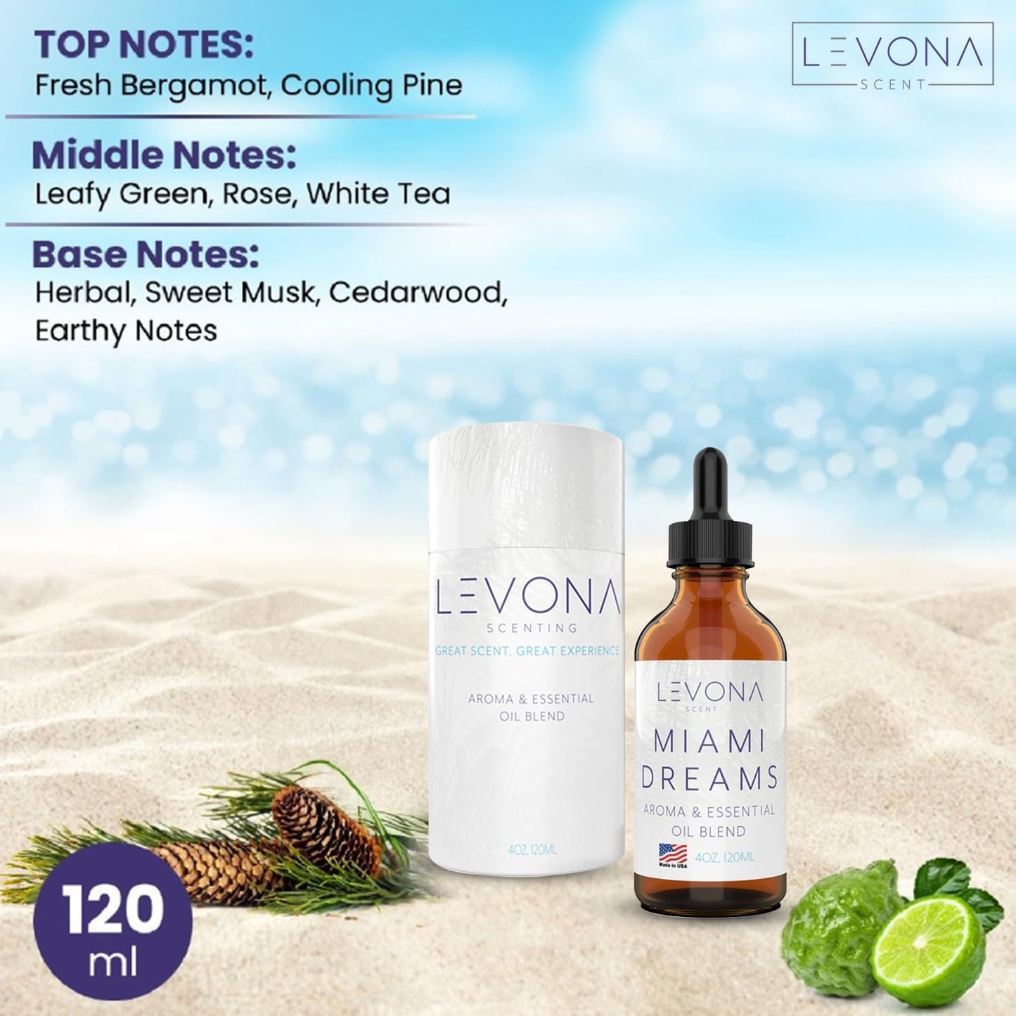 Levona Scent Essential Oils for Diffusers for Home: Miami Dreams Hotel & Home Luxury Scents Fragrance Oil - Aroma Oil with Notes of Bergamot Oil & Pine Essential Oil -120 Ml Scented Oils for Diffuser