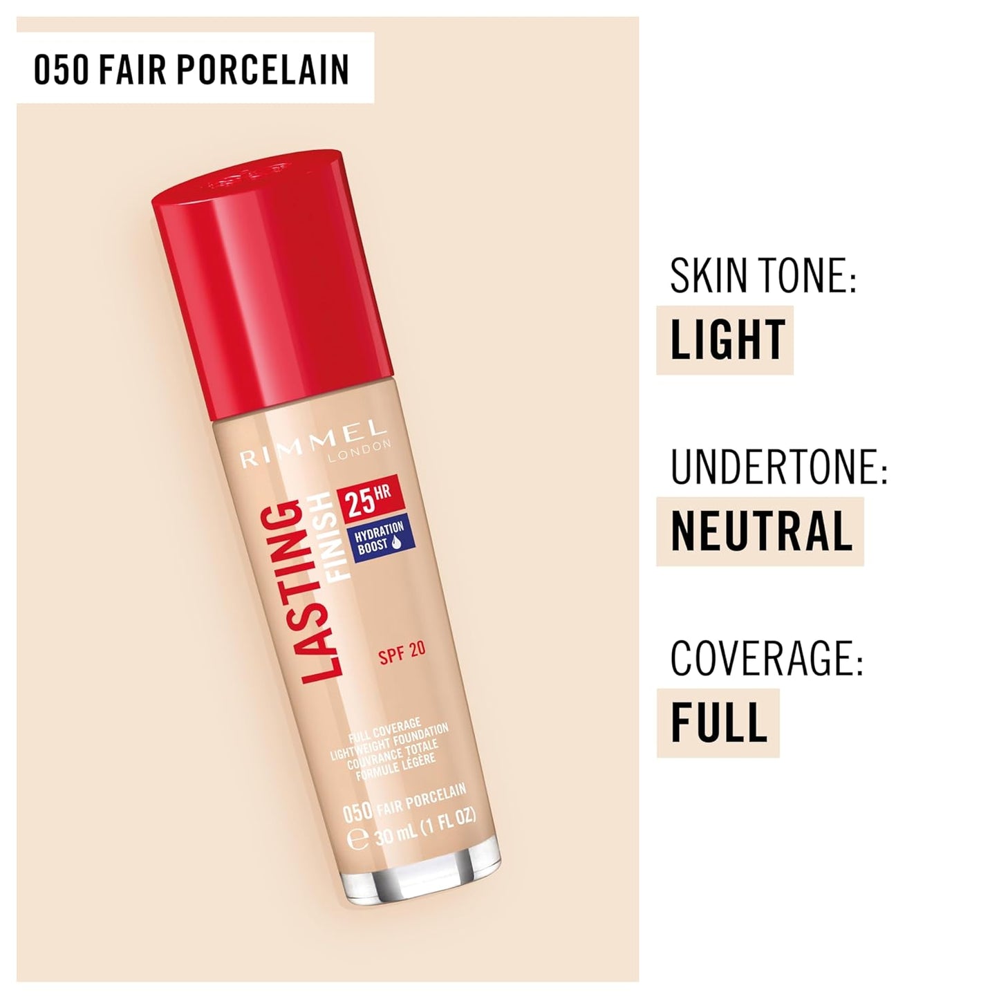 Rimmel London Lasting Finish 25HR - 50 Fair Porcelain - Foundation, 25-Hour Wear, Full Coverage, Waterproof, 1oz