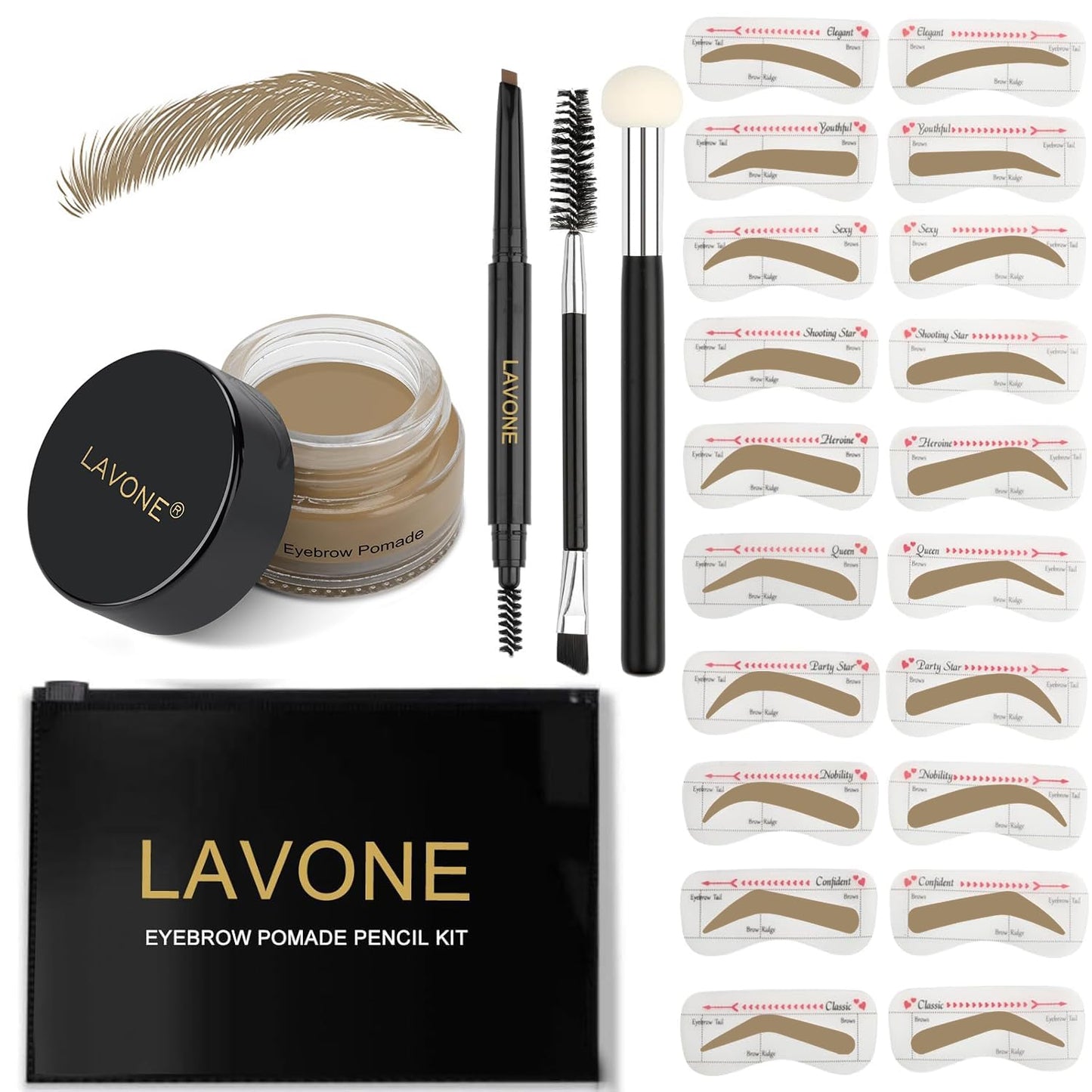 LAVONE Eyebrow Stamp Stencil Kit, Brow Stamp Trio Kit with Waterproof Eyebrow Pencil, Eyebrow Pomade, 20 Eyebrow Stencils, Dual-ended Eyebrow Brush and Sponge Applicator - Dark Blonde