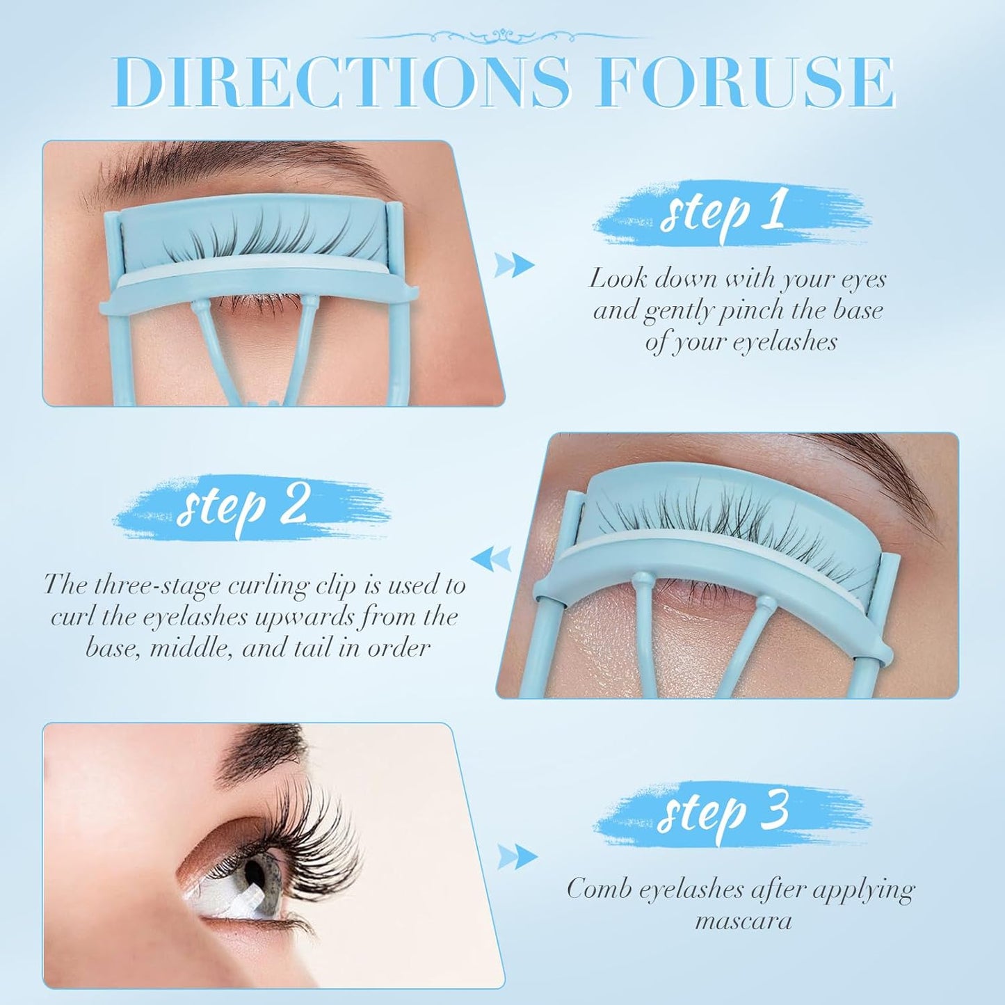 Eyelash Curler with Pads, Lash Curler with 10 Extra Silicone Replacement Pads, Comfortable Grip for Effortless Curling – Eyelashes for The Perfect Eye Contour (Crystal Blue)