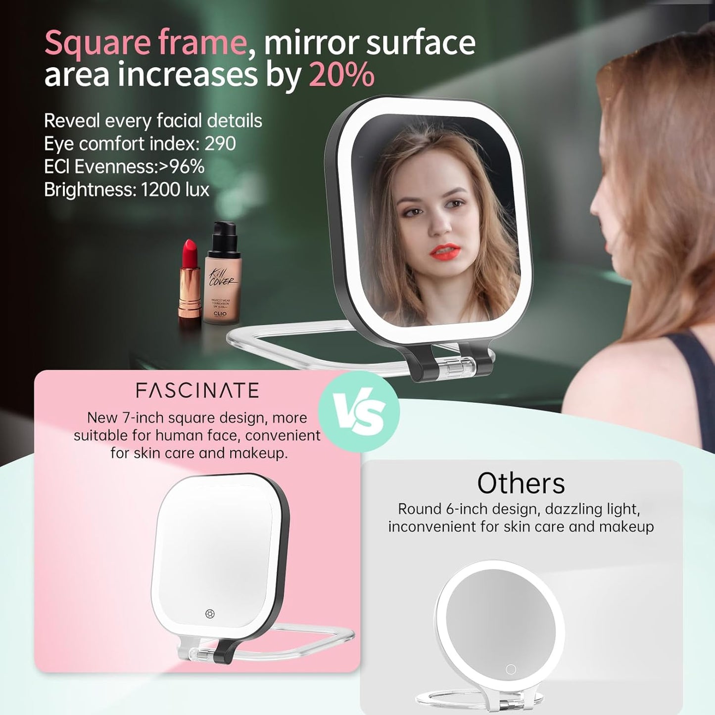 FASCINATE 10X Magnification Rechargeable Travel Makeup Mirror, 7" Lighted Portable Vanity Mirror with 3 Colors Lighting & Stepless Dimming, Double Sided LED Mirror, Gift for Women (Black)