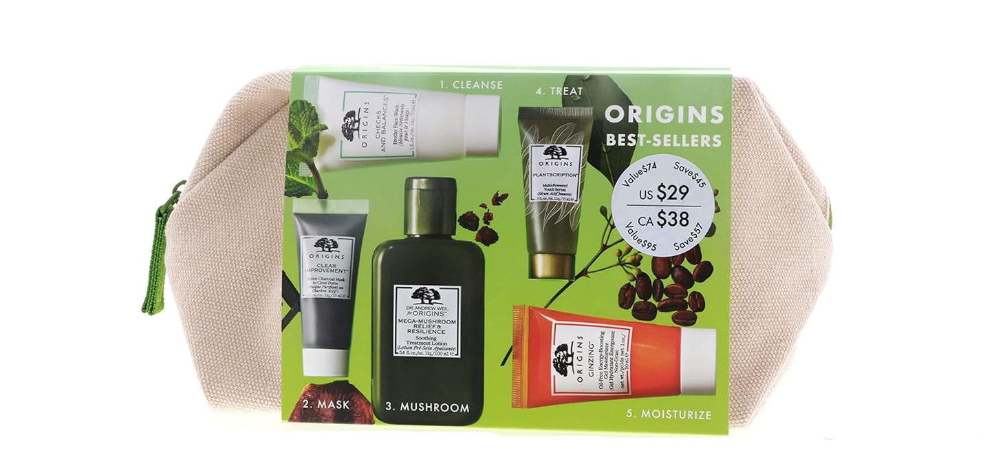 Origins Best Sellers Best Skin 5-Pieces Set: Soothing Treatment Lotion 100ml + Gel Moisturizer 30ml + Face Wash 30ml + Serum 15ml + Charcoal Mask 15ml 5pcs+1bag