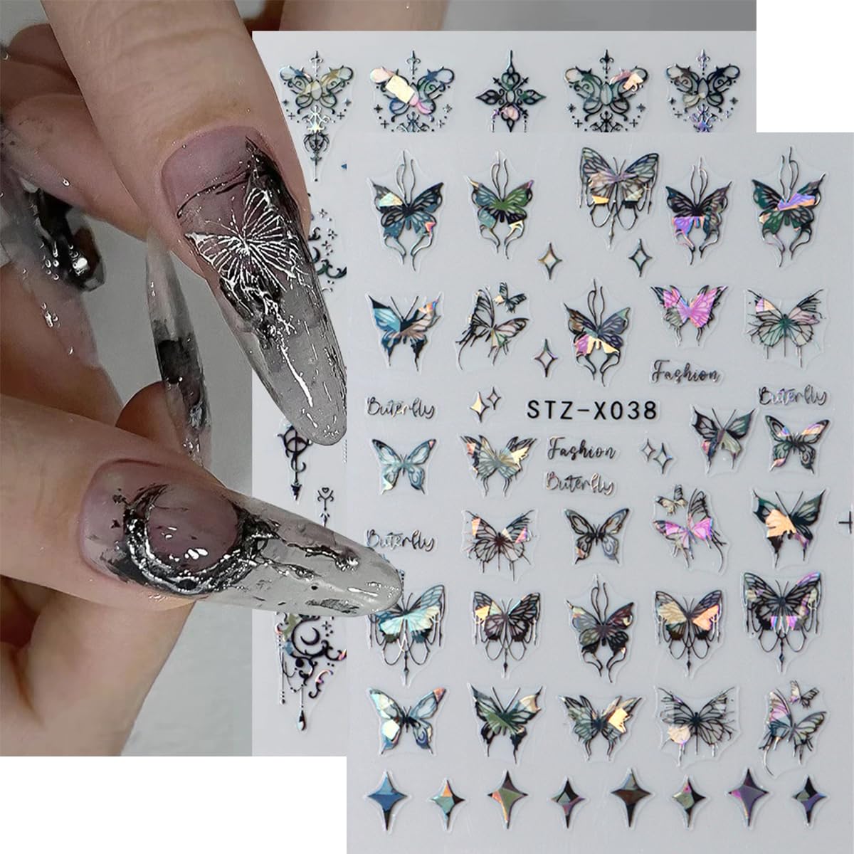 8 Sheets Holographic Butterfly Nail Art Stickers - 3D Self-Adhesive Designer Decals for Nail Art Charms - Blue White Glitter Nail Design for Women Nail Decor