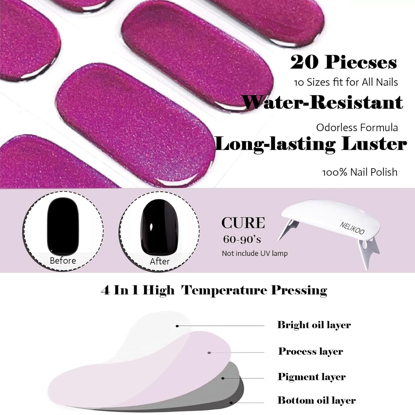 Semi Cured Gel Nail Strips, 20 pcs Gel Nail Stikers, Gel Nail Wraps Semi Cured, Salon-Quality, 2 Weeks Long Lasting, Enchanted Purple