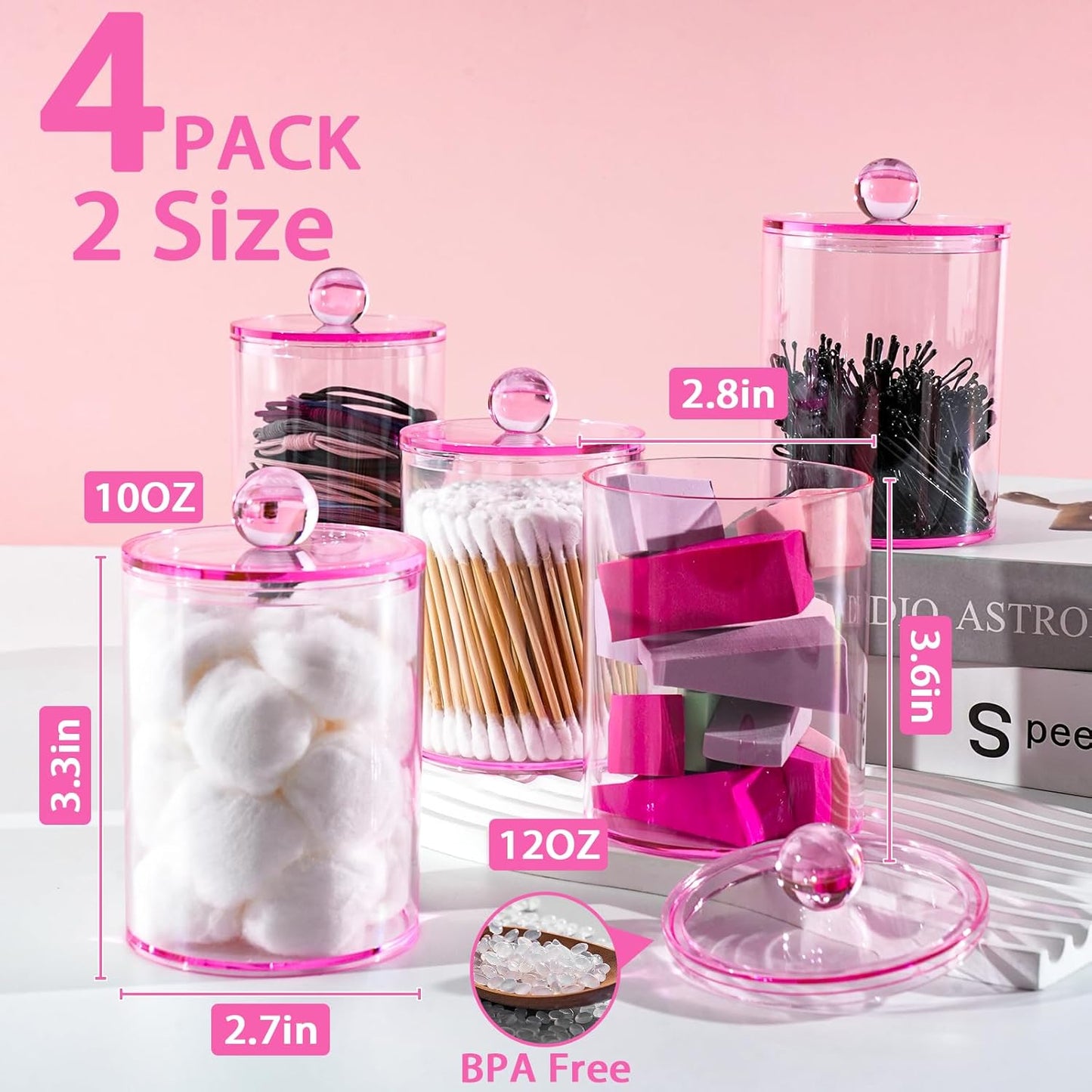 4 Pack Qtip Holder,Canister Apothecary Jar Set, Bathroom Jars with Lids Set for Cotton Swabs, Balls, Pads, Floss Picks,10oz-12oz Plastic Canisters Restroom Bedroom Vanity Organizer(Pink)