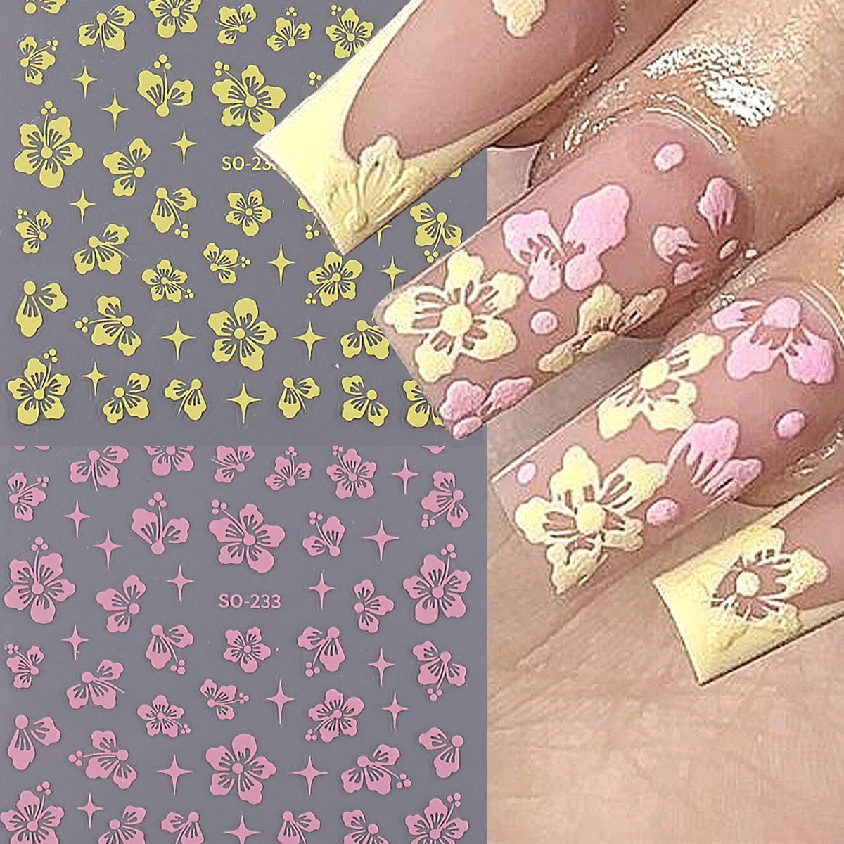 6 Sheets 3D Flowers Nail Art Stickers - Self Adhesive Decals in Gold, Silver & White/Blue/Pink for DIY Manicure