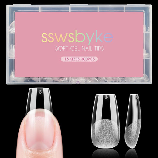 Medium Coffin Nail Tips, SSWSBYKE 300pcs Soft Gel Nail Tips for Full Cover Pre-Shaped Acrylic Fake Nails Tips 15 Sizes Half Matte Press On Nails for Extension Home DIY Salon
