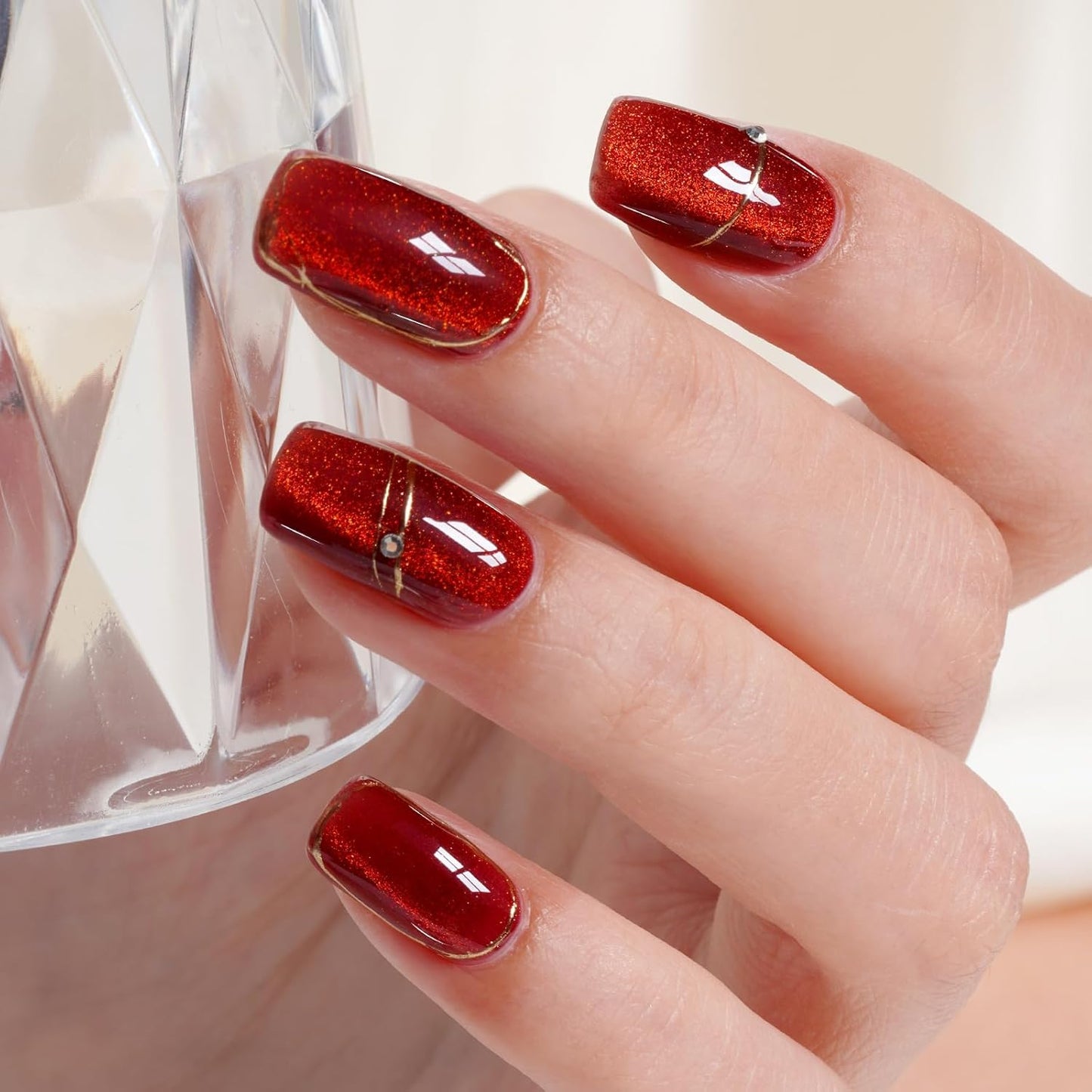 AILLSA Red Cat Eye Gel Polish Burgundy Glitter Crystal Gel Nail Polish with Magnet, Blood Shimmer Translucent Gel Polish Reflective Holographic Jelly Color U V Nails DIY at Home 0.5 OZ GF21