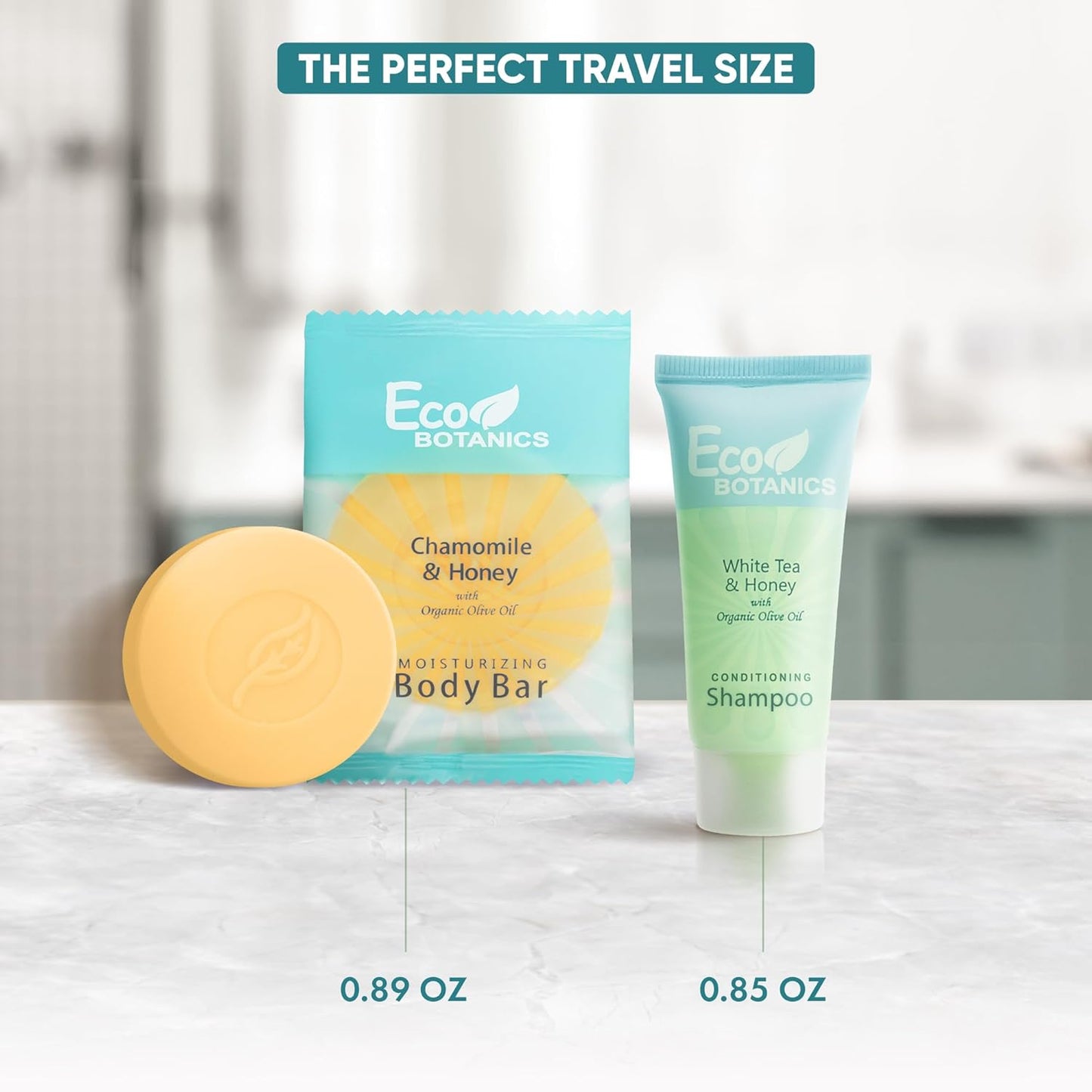 Eco Botanics Hotel Soaps and Toiletries Bulk Set | 1-Shoppe All-In-Kit Amenities for Hotels & Airbnb | 0.85 Conditioning Shampoo & oz Bar Soap Travel Size | 100 pieces