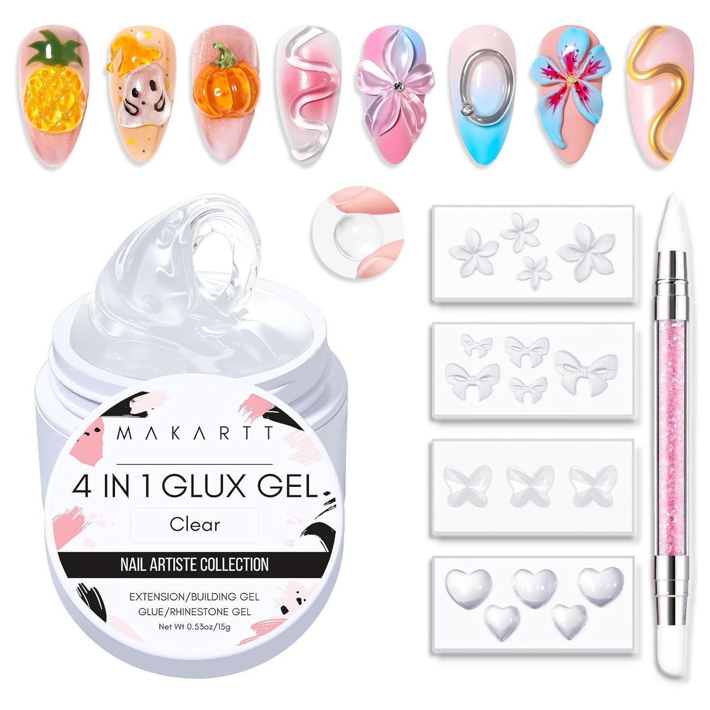 Makartt 3D Gel Nail Art: 4 in 1 Solid Gel Builder Kit for 15ML Nail Extension Gels, 4pcs Silicone Molds, 1 Sculpting Brush, UV Glue for Acrylic Nails Rhinestones Gels Molding Manicure Hard Gel Kit