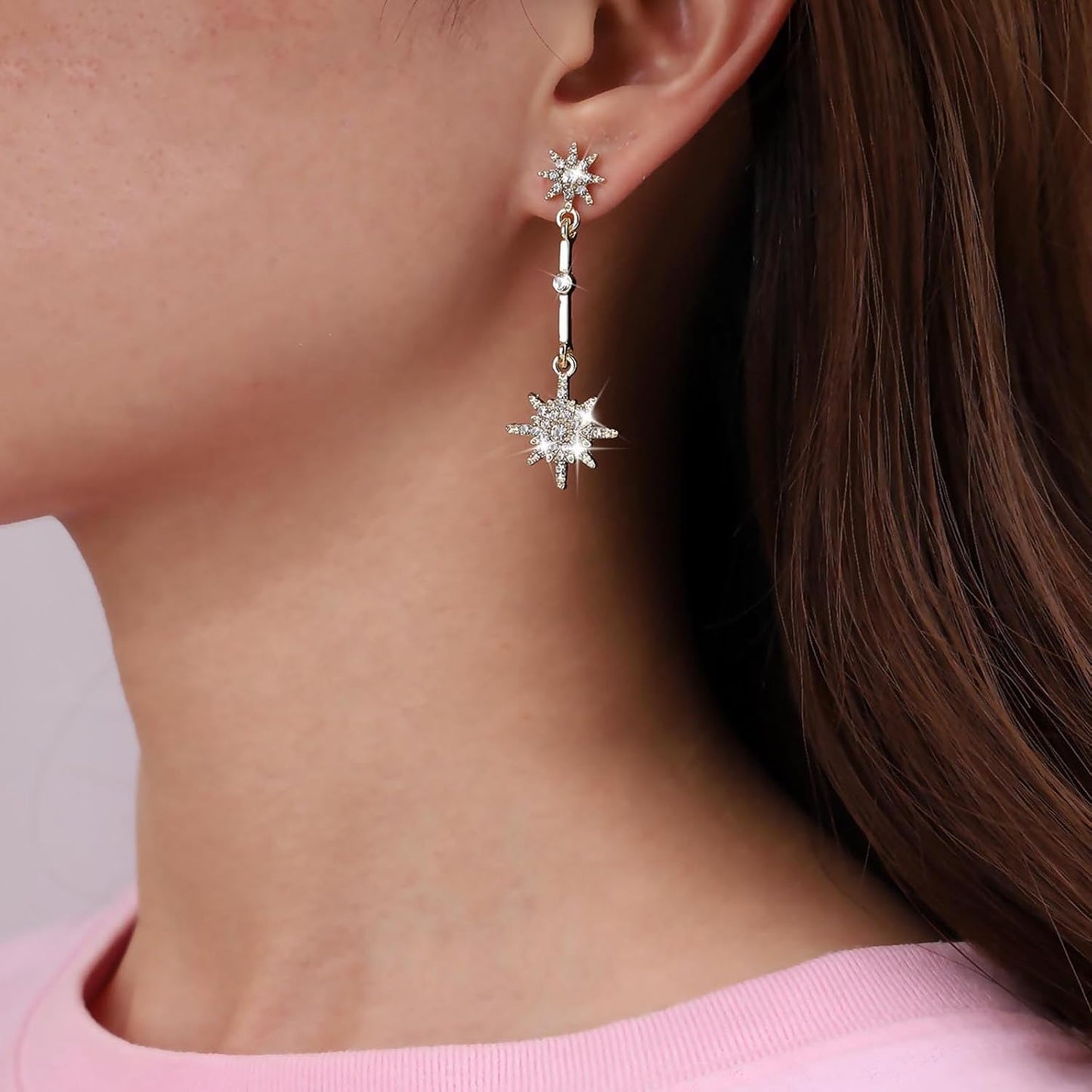 Vintage Crystal Starburst Drop Earrings Long Rhinestone Northstar Earrings Gold Cz Star Dangle Earrings Cz North Star Stud Earrings Jewelry for Women
