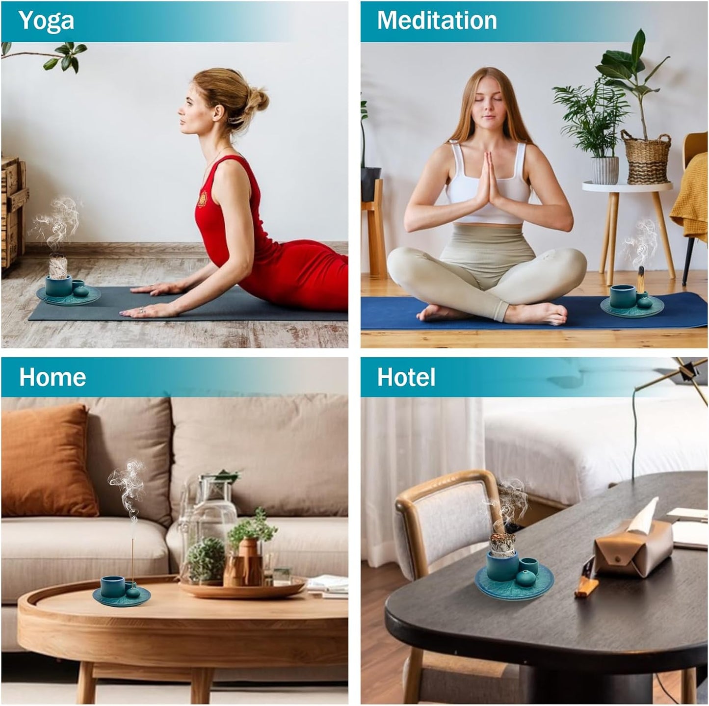 Palo Santo Holder - 4 in 1 Incense & Candle Holder - Ceramic Incense Holder Ash Catcher Tray for Meditation Room - Easy to Clean (Blue)