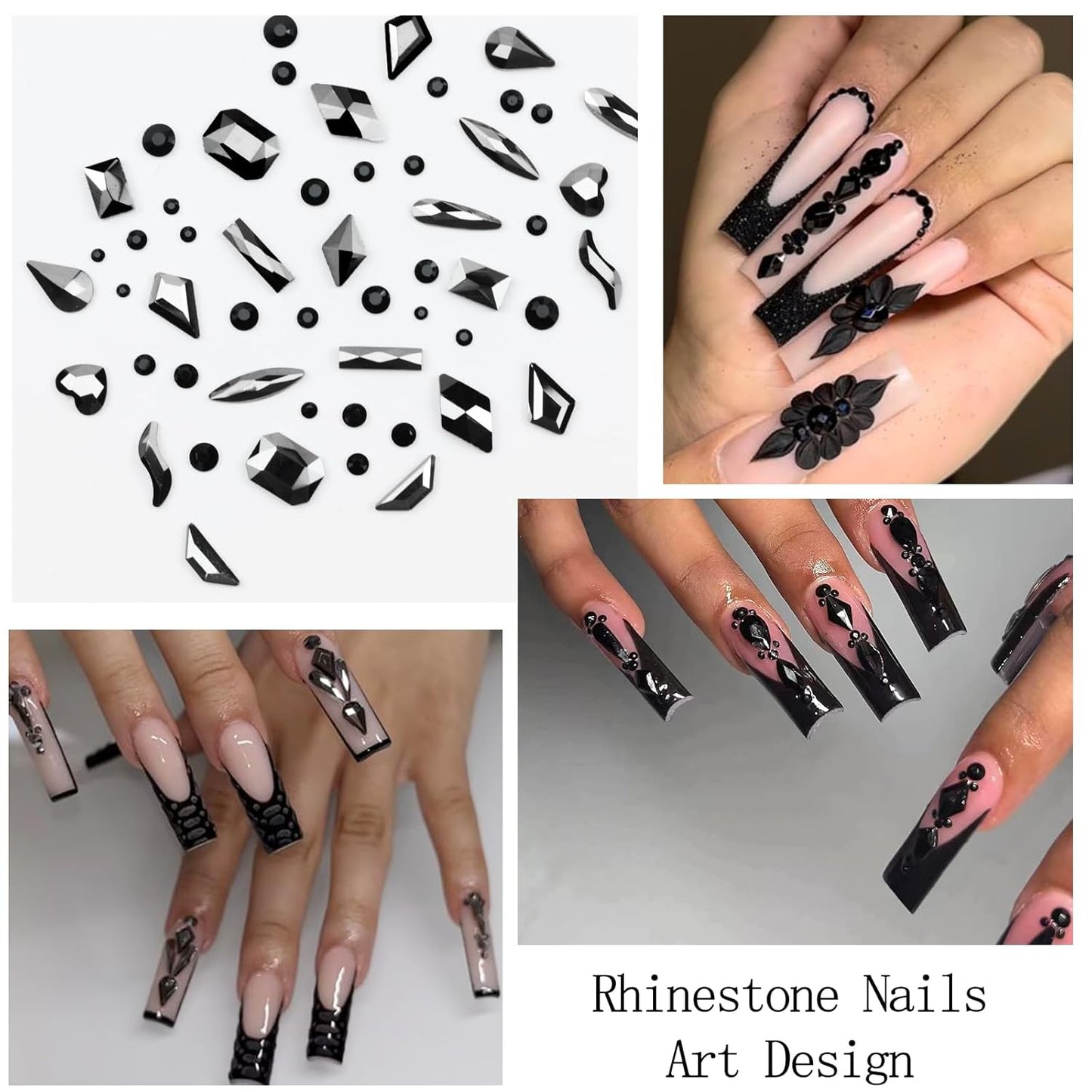 Nail Art Rhinestones with Glue Gel Flatback Nail Charms Luxurious Supplies Accessories Champagne Nails Gems Jewelry for Women Nails DIY Design Decoration,Black