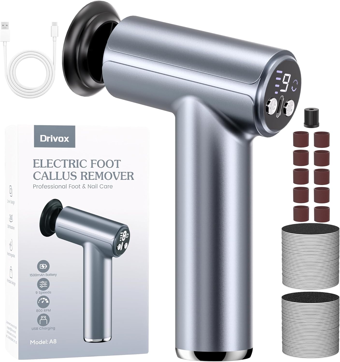 Electric Foot Callus Remover, 2-in-1 Rechargeable Portable Electric Foot File with 70pcs Sandpaper, Professional Pedicure Tools for Dead Skin, Hard Cracked, Dry Skin - Grey&Blue