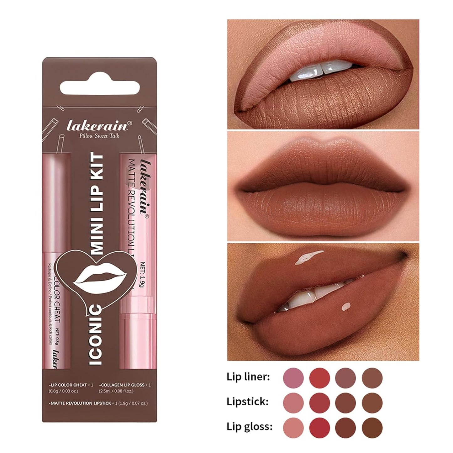 3PCS Lip Liner and Lipstick Combo Set - Matte Lip Liner Pencil, Velvet Matte Lipstick & Hydrating Collagen Lip Gloss - Long-Lasting, Smudge-Proof, High Pigment Nude Brown Lip Makeup Kit (Set 4, 3)