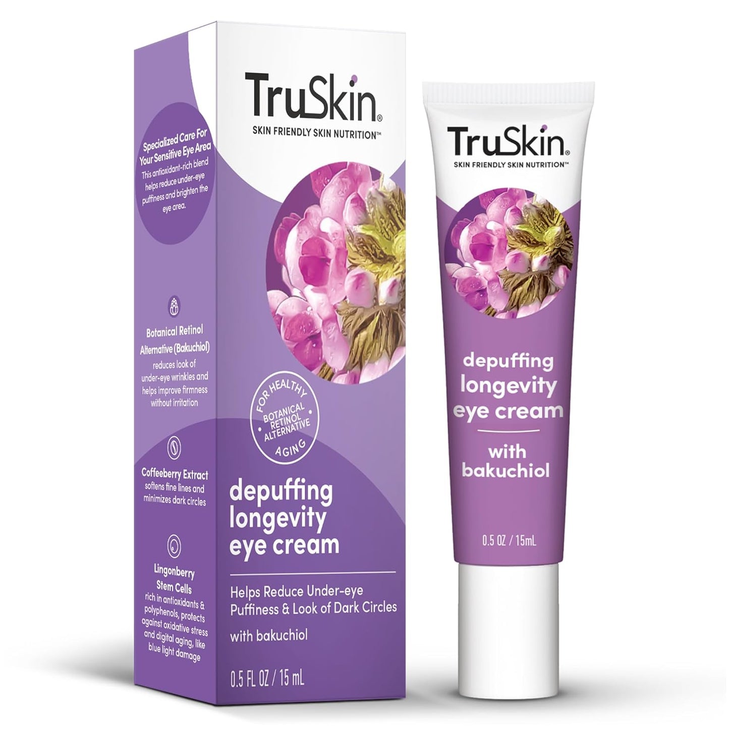 TruSkin Longevity Eye Cream – Caffeine Eye Cream with Bakuchiol, Lingonberry Stem Cells & Coffeeberry Extract – Skin Care Made to Help Transition from Anti Aging to Healthy Aging, 0.5 fl oz
