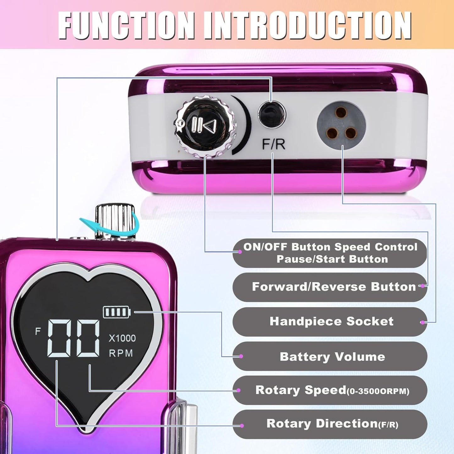 Professional Electric Nail Drill Machine for Acrylic Nails, 35000 RPM Electric Nail File Tool Set, Portable E-File Rechargeable Manicure Pedicure Polish Kit for Home Salon Tech (Heart Sunset Gold)