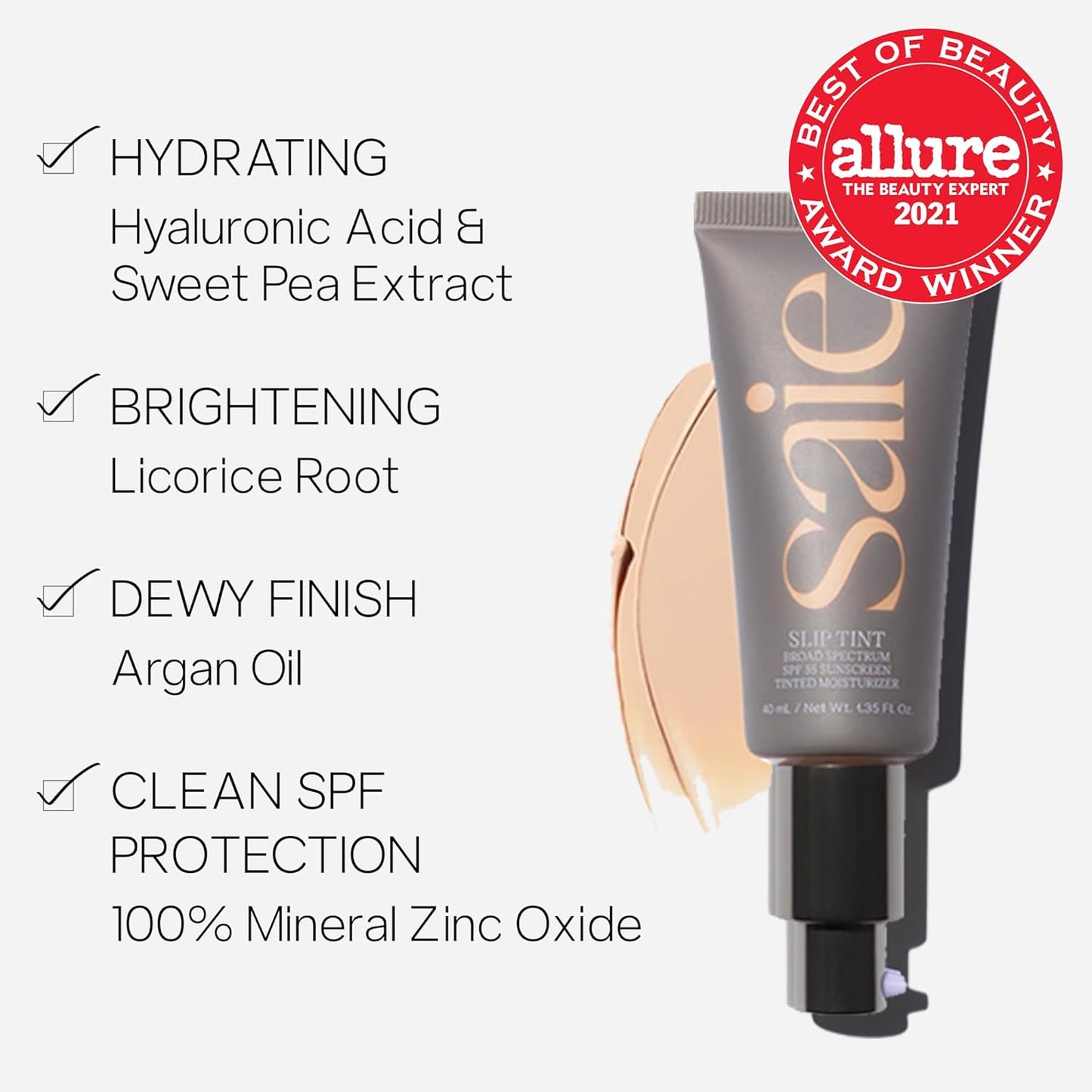 Saie Slip Tint SPF 35 Tinted Moisturizer - Light Coverage Moisturizer + Broad Spectrum Zinc Oxide Sunscreen with Hydrating Hyaluronic Acid - Shade Four + Half (1.35 oz)