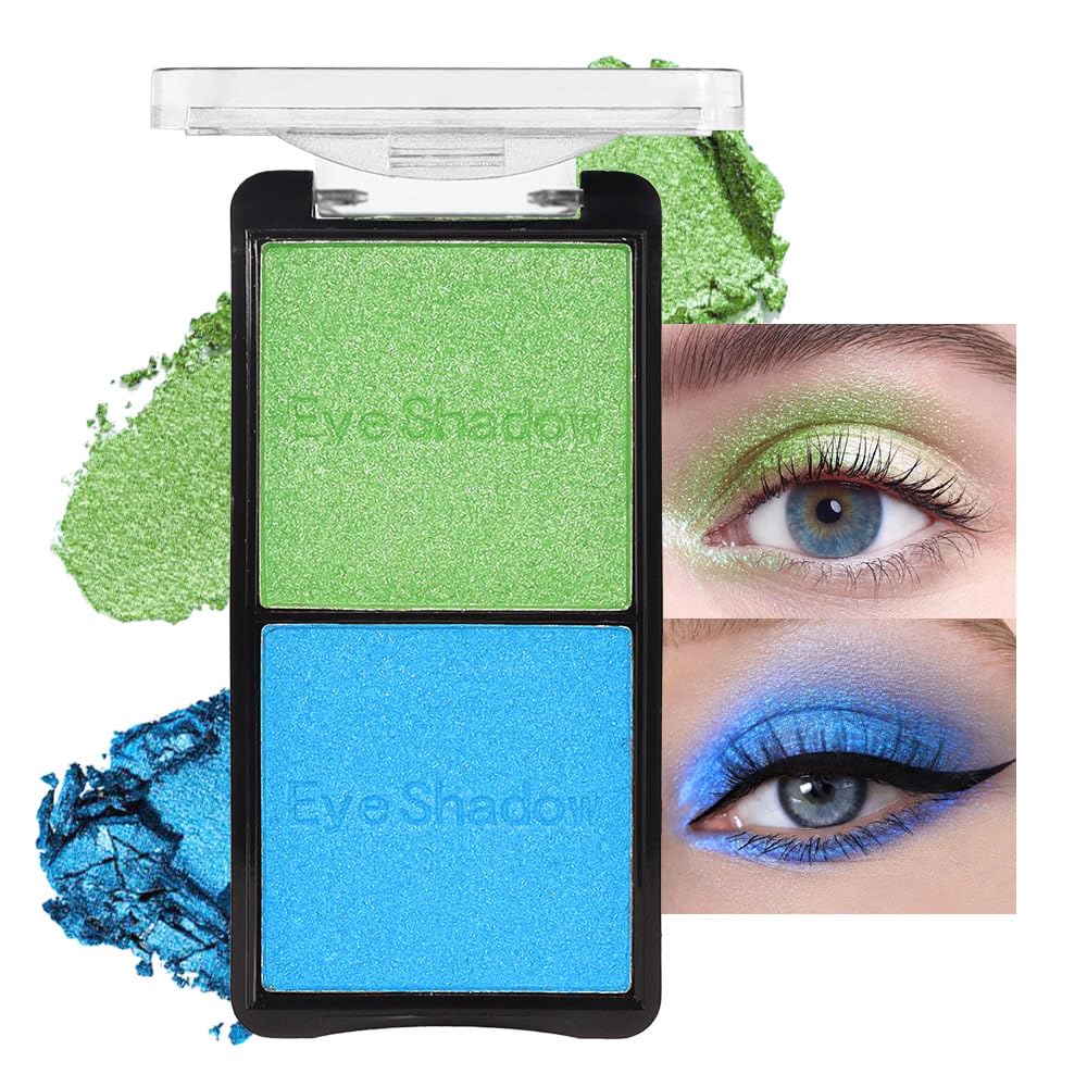 2 colors eye shadow makeup palette, Blue & Green Eyeshadows Halloween Birthday Party Wear, high pigment eye, matte & shimmer metal eye shadow powder, Blendable, Ultra-Pigmented(02)