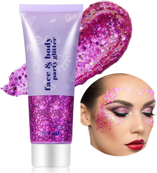 Go Ho Rose Purple Face Body Glitter Gel,Mardi Gras Purple Face Paint Makeup,Holographic Chunky Sequins Glitters for Eye Lip Hair Nails,Festival Rave Accessories,52g