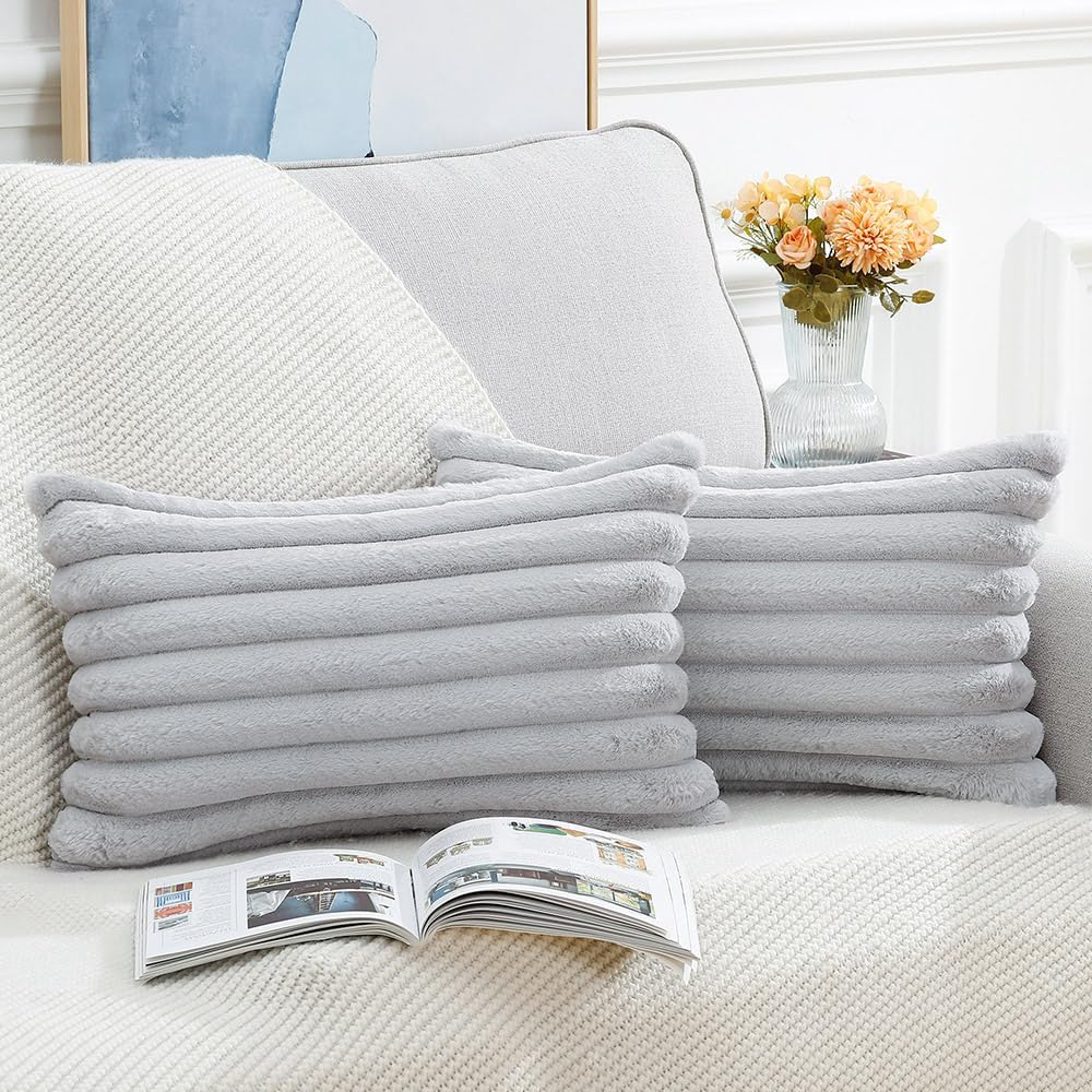 MADIZZ Set of 2 Faux Wool Plush Decorative Throw Pillow Covers 12x20 Inch Light Grey Fluffy Striped Soft Decorative Cushion Cover for Sofa Bedroom Pillow Shell