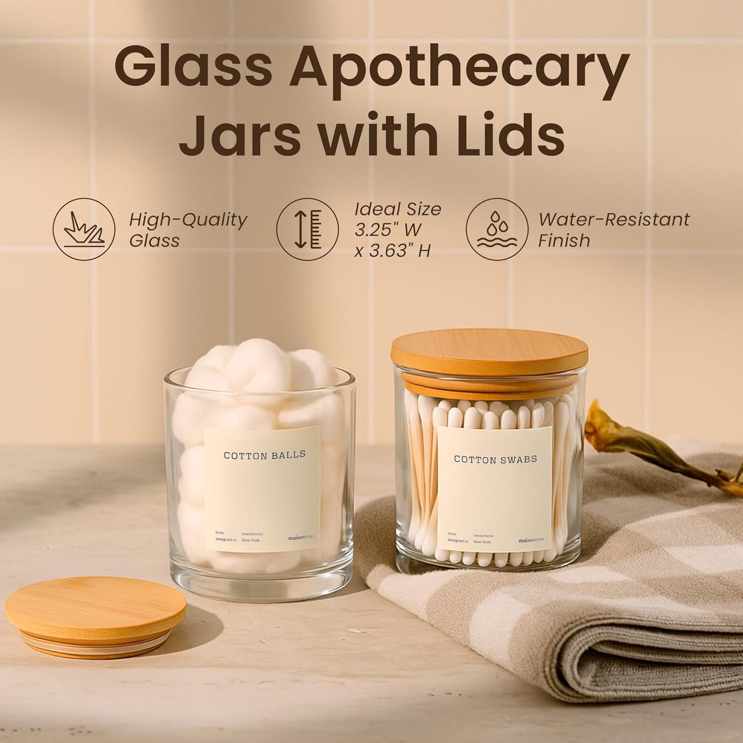 MaisoNovo Qtip Holder Bathroom Set – Airtight Q tip and Cotton Round Holder with Lid to Store Cotton Rounds, Swabs, Floss Picks, Hair Ties with Free Labels Pack - 2 Clear Jars with Bamboo Lids