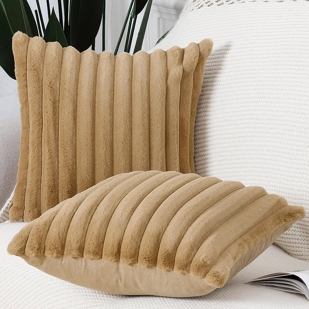 MADIZZ Set of 2 Faux Wool Plush Decorative Throw Pillow Covers 16x16 Inch Camel Fluffy Striped Soft Decorative Cushion Cover for Sofa Bedroom Pillow Shell