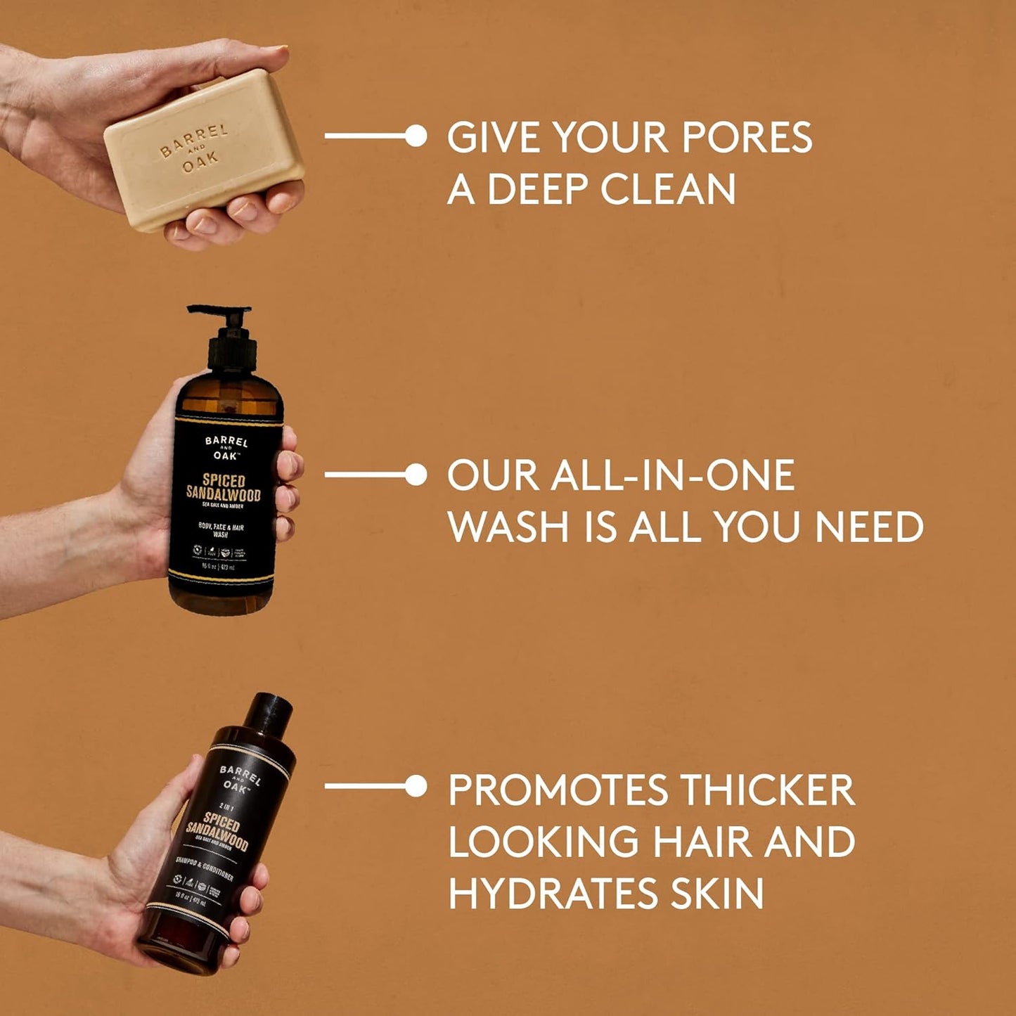 Barrel and Oak - Spiced Sandalwood Body Care Set, Fragrant Sea Salt & Amber Scent, Rich in Essential Oils, Hydrating Formulas, Rich Texture, No Parabens or Phthalates, Certified Organic (3-Pack Set)