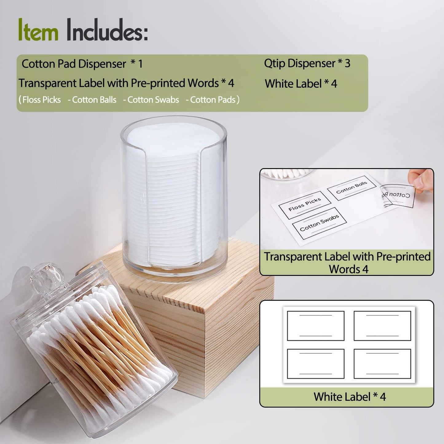 AOZITA 4 Pcs, Acrylic Qtip Holder Dispenser for Cotton Swab, Ball, Round Pads, Floss Picks - Clear Plastic Apothecary Jar Set for Bathroom Canister Storage Organization, Vanity Makeup Organizer