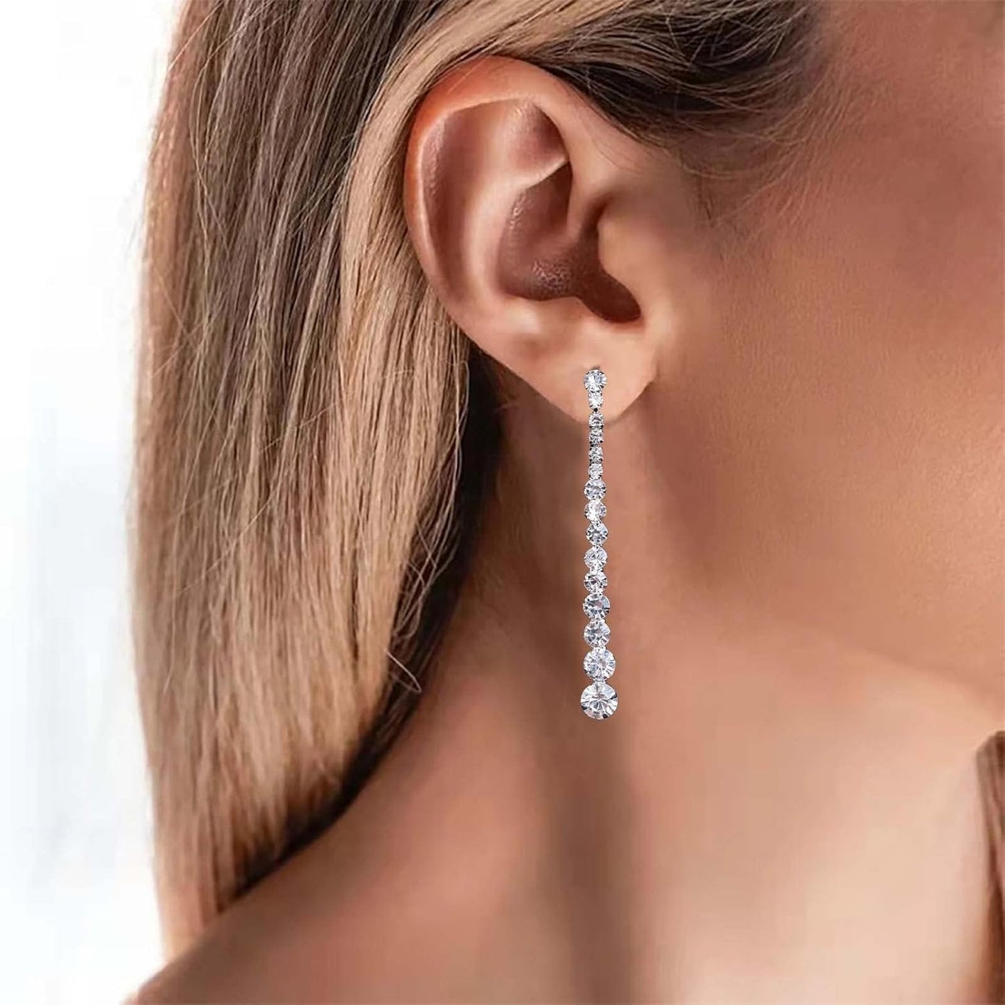 Vintage Rhinestone Chain Drop Earrings Silver Linear Crystal Earrings Sparkle Cz Tassel Earrings Long Cz Chain Stud Earrings Jewelry for Women and Girls