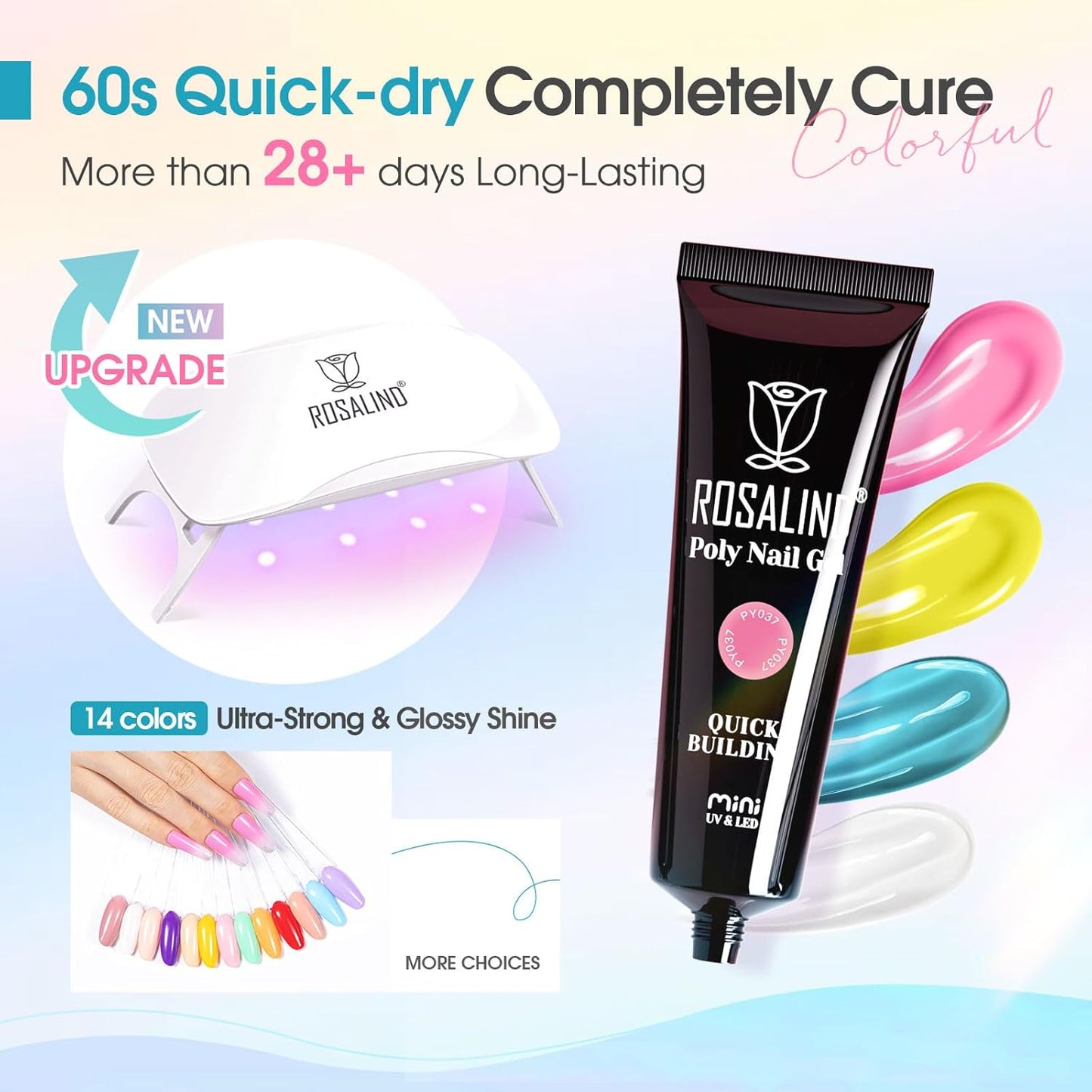 ROSALIND Poly Nail Gel Colors Kit -14 Colors +72 Nail Art Accessories kit Poly Nails Gel Kit Starter Kit with Mini UV Lamp Slip Solution Poly Nail Art Tools for Beginners with Everything