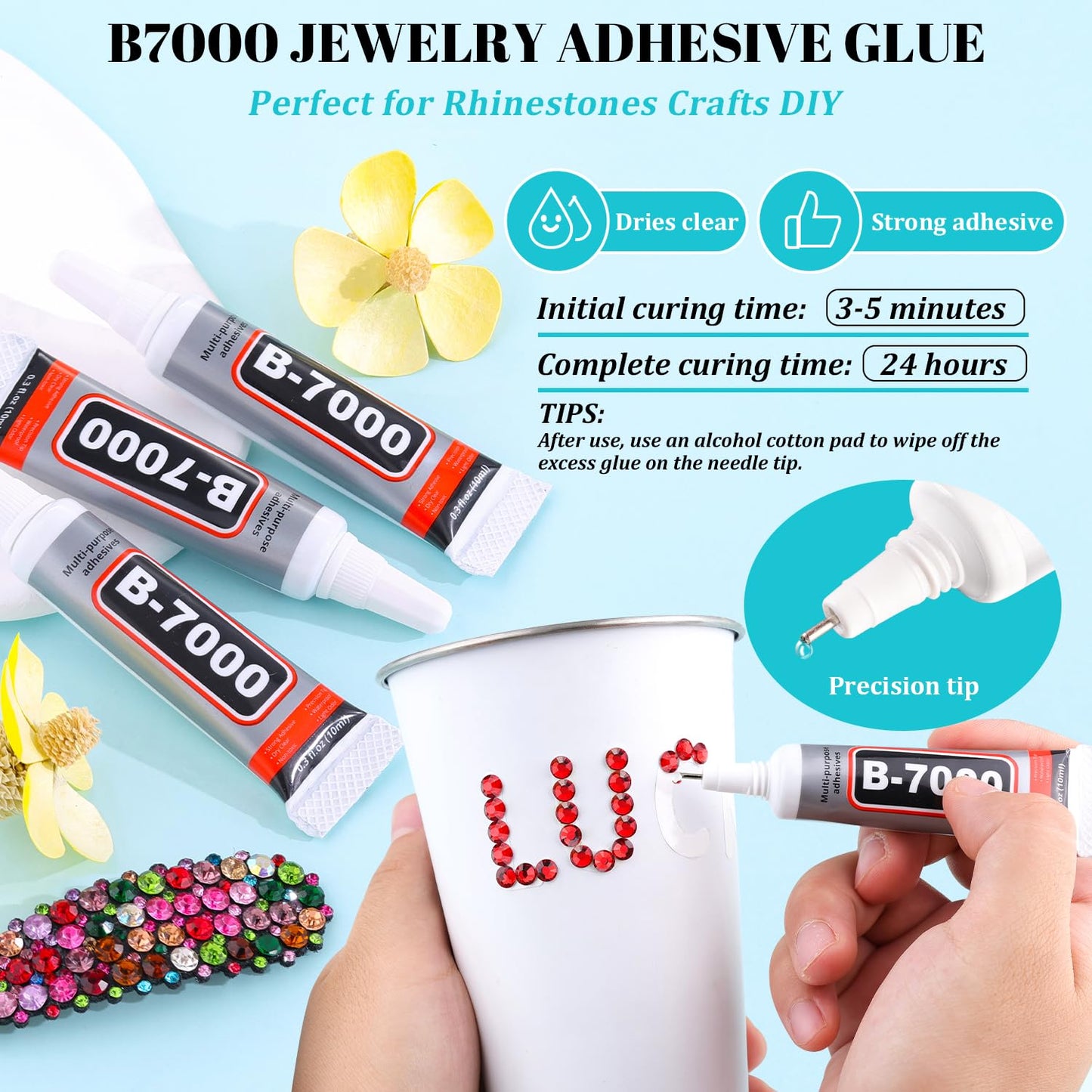 6100Pcs Resin Rhinestones for Crafting with 2Pcs 10ml B7000 Jewelry Glue, 1 Box Flatback Crystals Diamond (Red) for Bedazzling Crafts DIY Nail Art Non Hotfix Gems for Clothing Shoes Tumblers